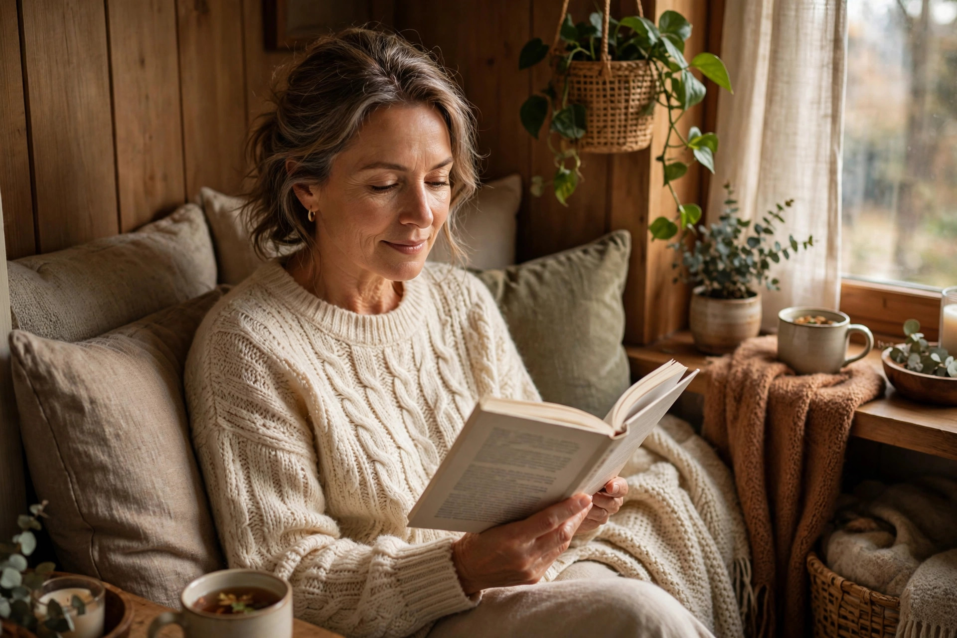 Woman in her 50s reading a paper book in a cozy nook