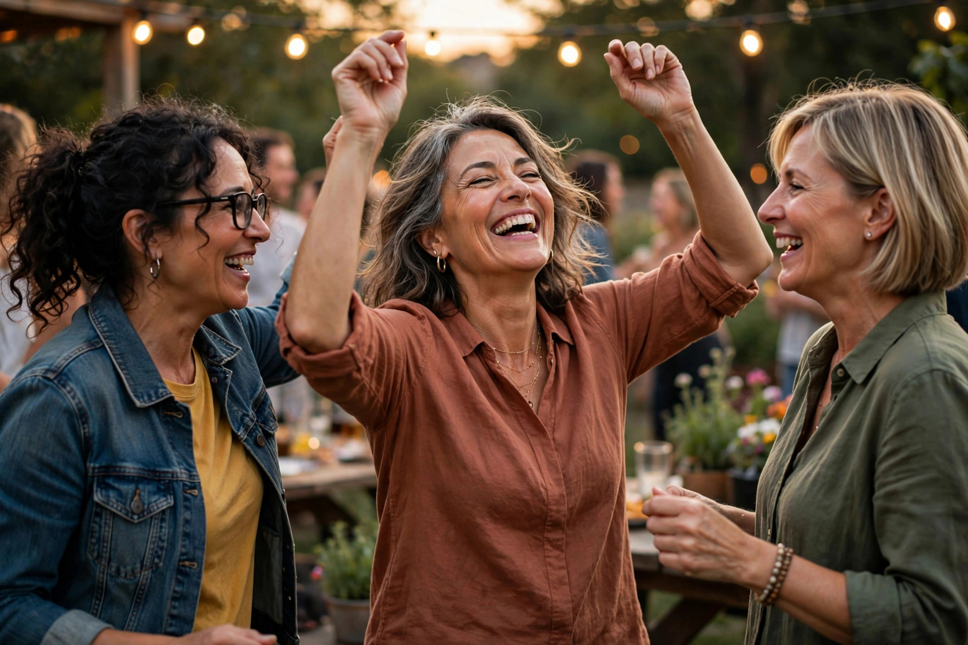 Woman in her 50s dancing joyfully with friends