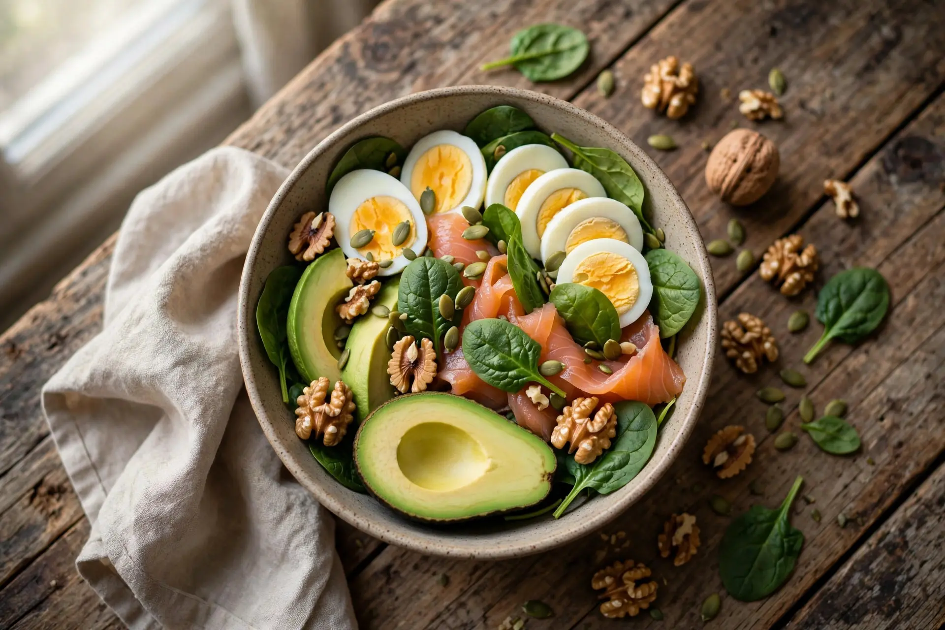 Nourishing bowl of sliced eggs, smoked salmon, spinach, avocado, walnuts and pumpkin seeds on a rustic wooden table