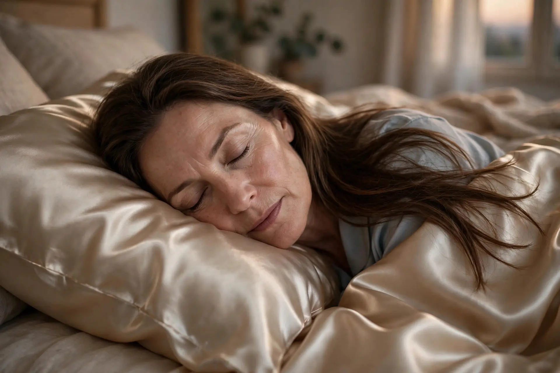 Woman in her fifties sleeping on a champagne silk pillowcase with her long hair spread smoothly over the silk