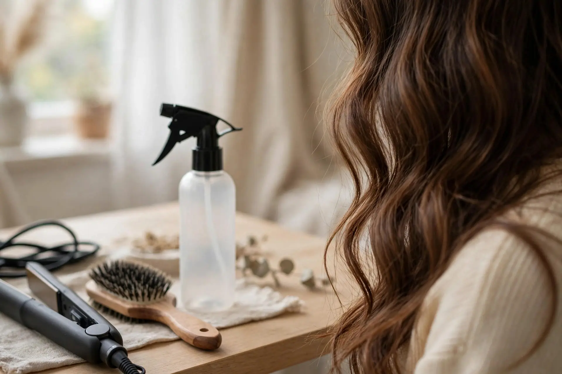 Unlabelled heat protectant spray bottle and brush on a dressing table with an unused flat iron set aside, beside long wavy hair