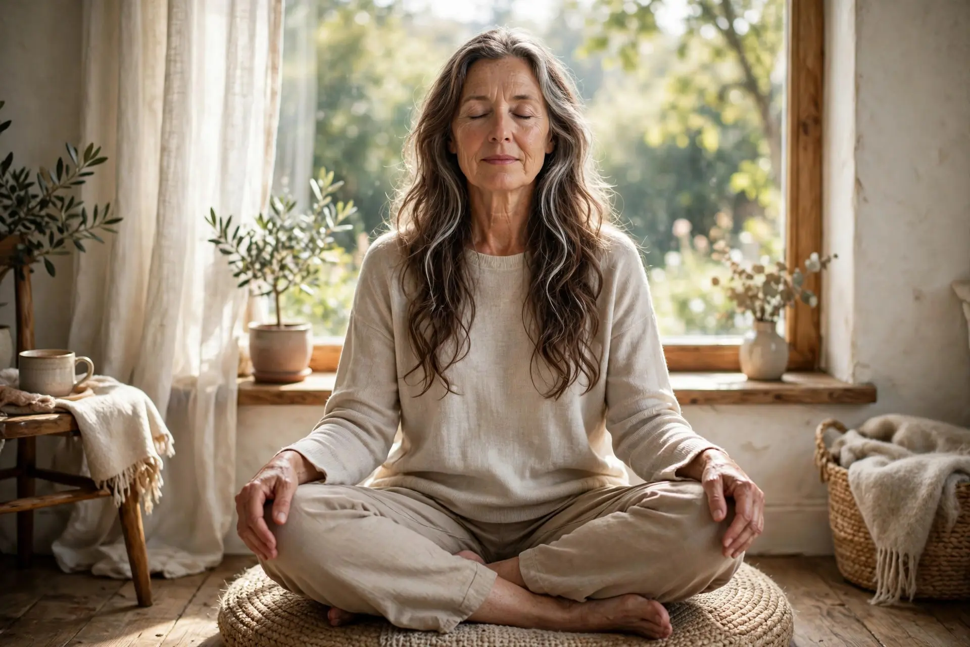 Woman in her late fifties with long silver-streaked hair meditating peacefully by a bright window at home