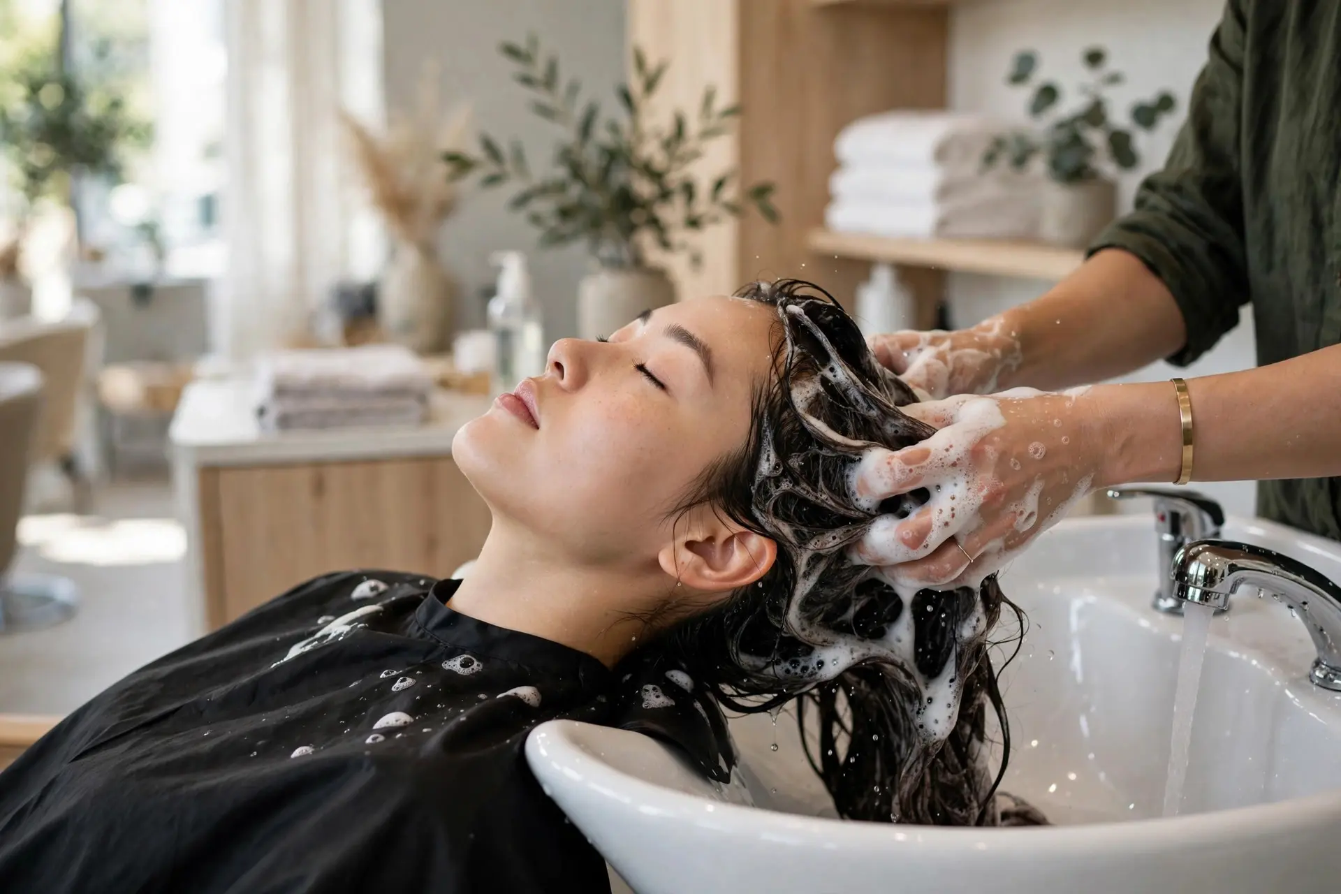 Woman having her hair washed with clarifying shampoo at a salon basin, stylist's hands working lather through her scalp