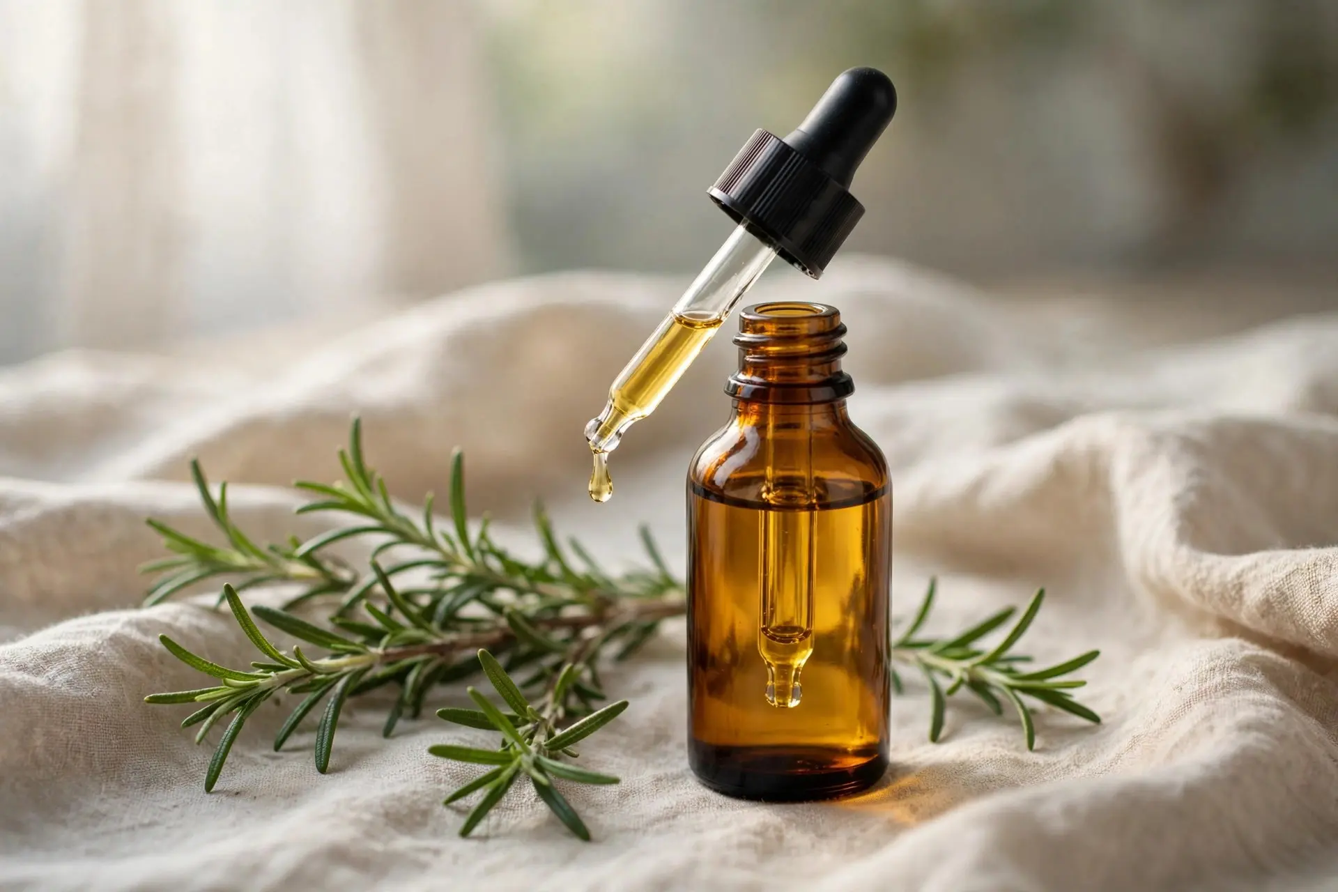 Amber glass dropper bottle of rosemary oil with fresh rosemary sprigs on natural linen