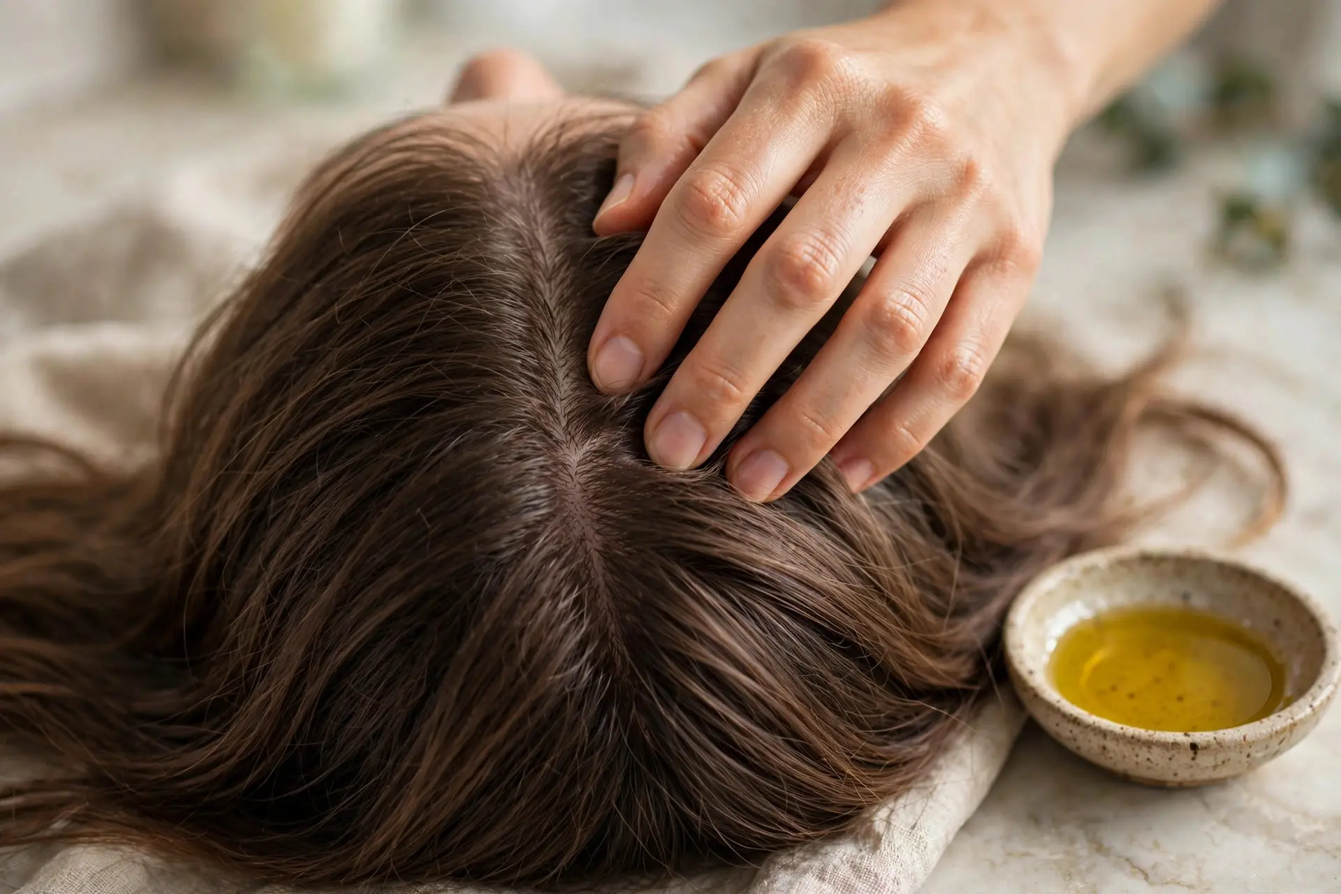 Fingertips gently massaging a scalp through parted brown hair, with a small dish of golden oil beside her