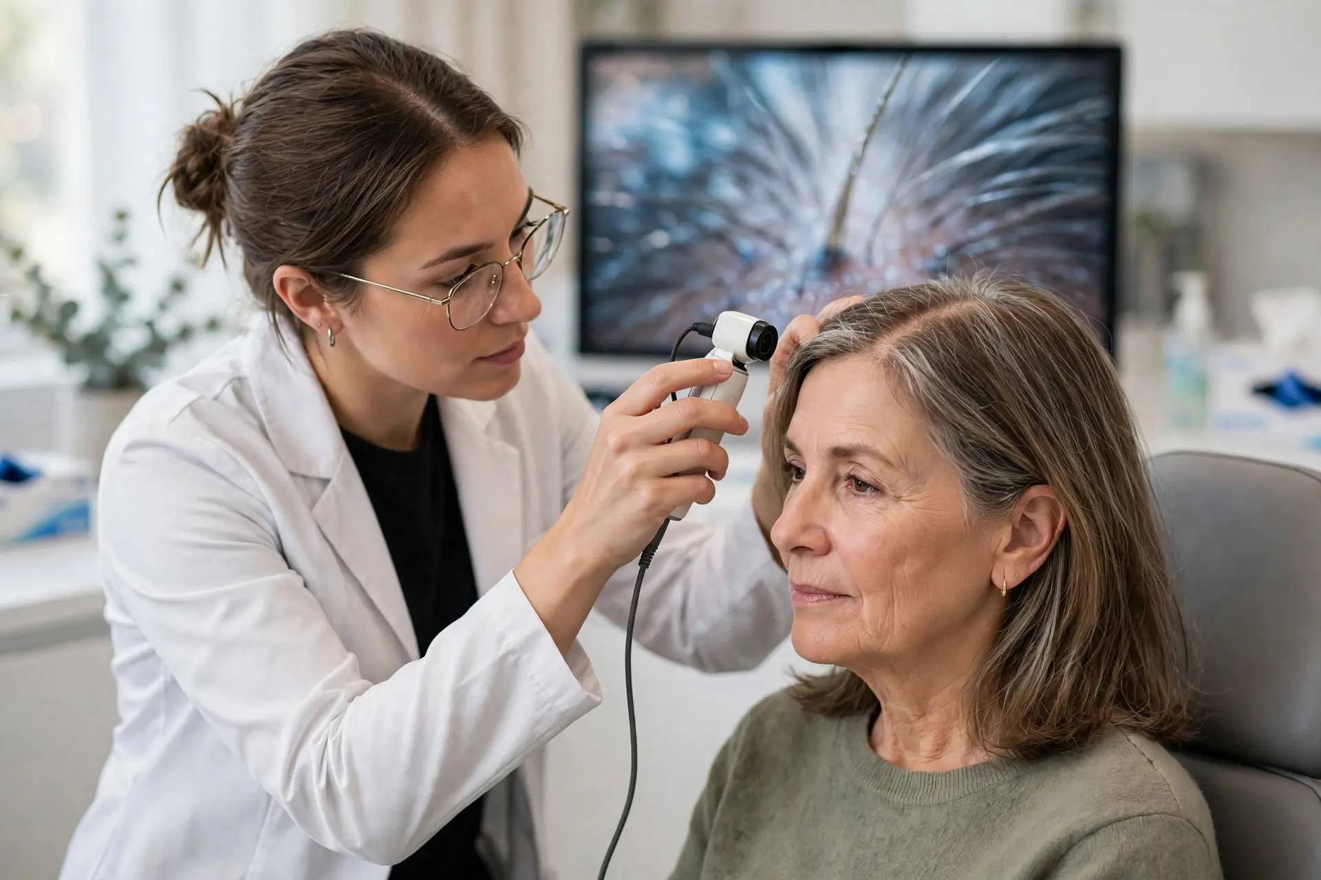 Trichologist examining a mature woman's scalp with a handheld scalp camera during a professional scalp analysis
