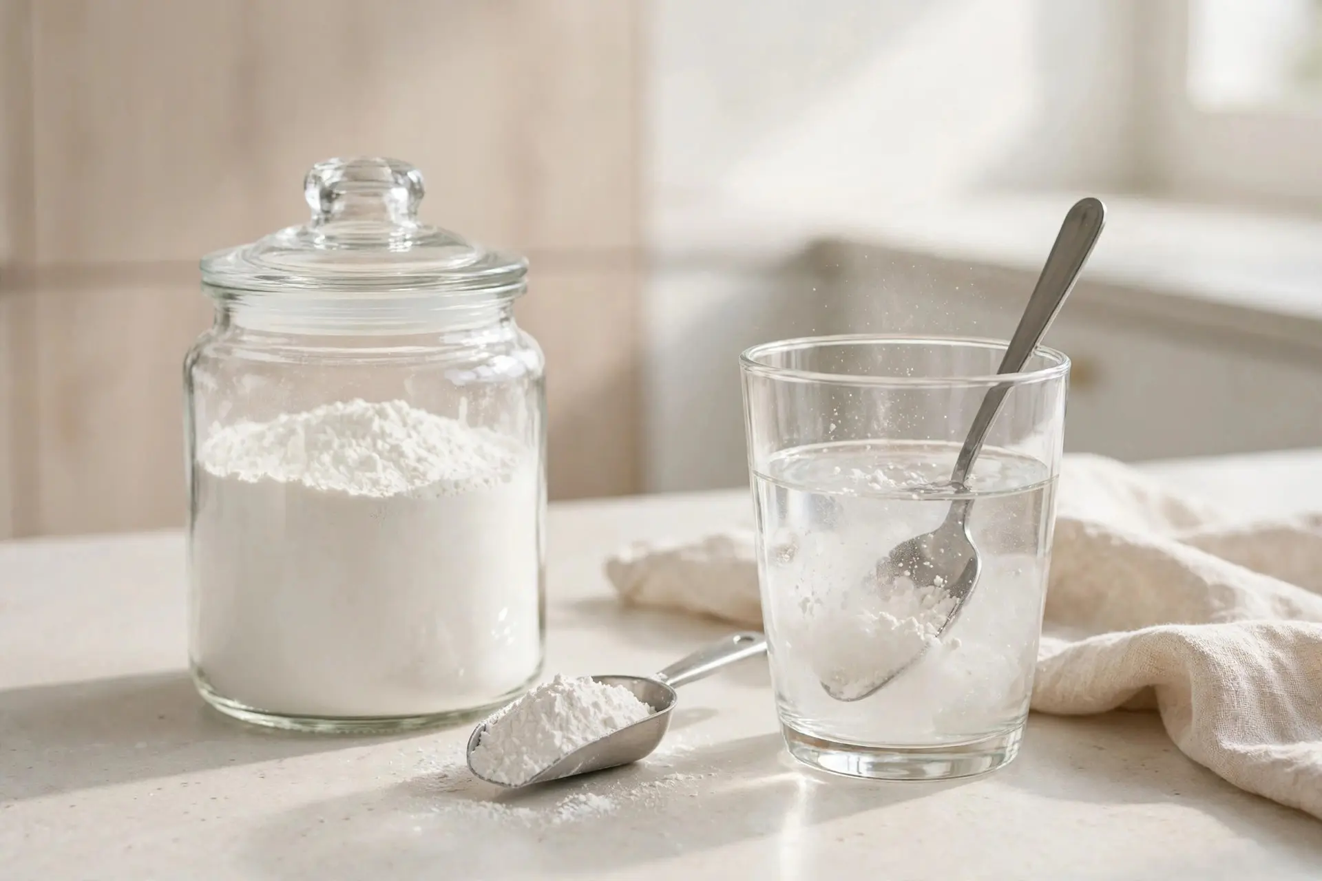 Unlabelled glass jar of collagen powder with a scoop, being stirred into a glass of water on a kitchen counter