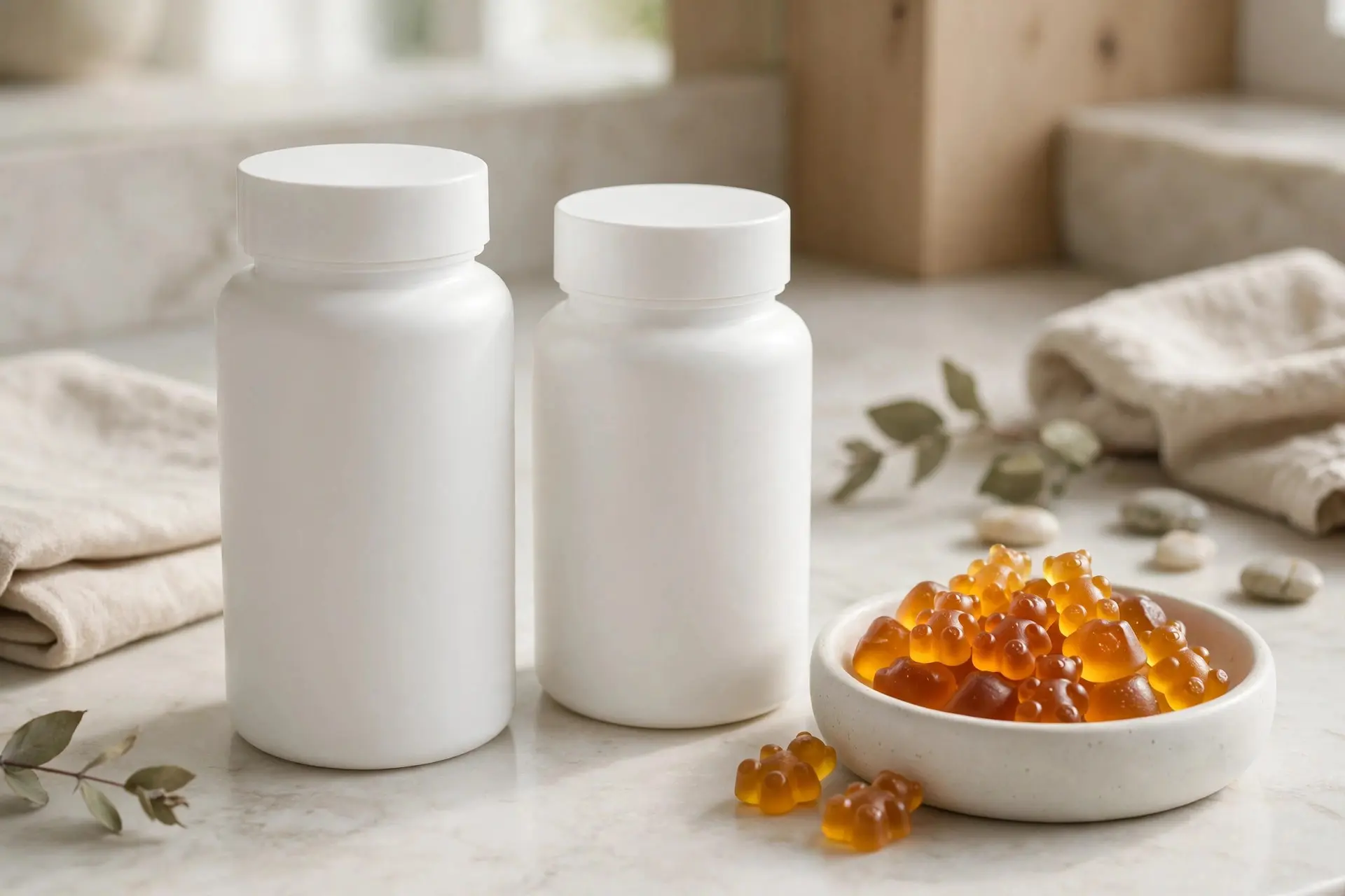Two plain unlabelled supplement bottles beside a small dish of amber vitamin gummies on a bathroom vanity