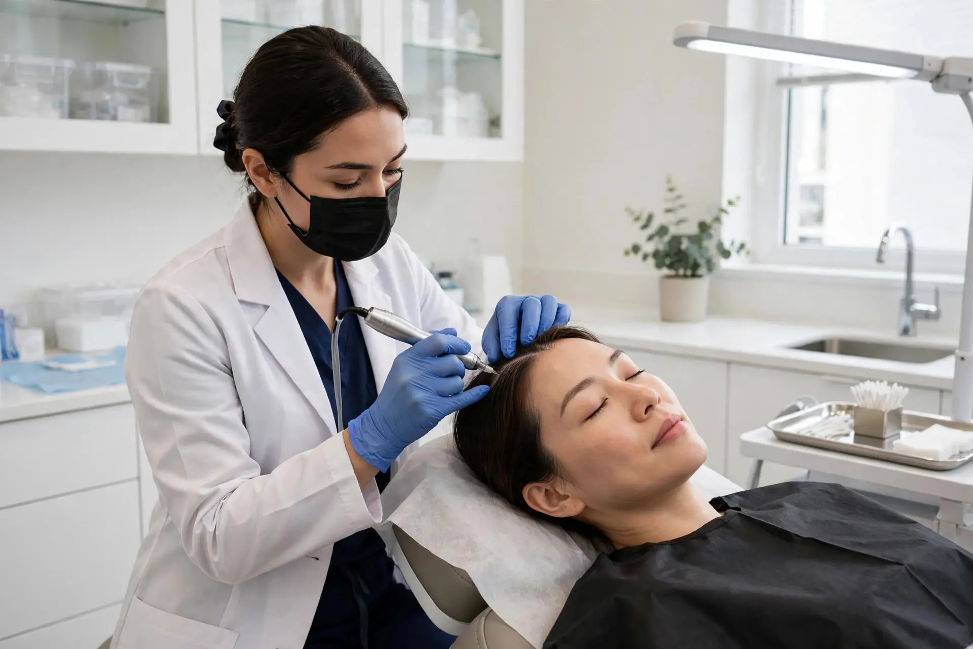 Practitioner in gloves performing a professional scalp microneedling treatment on a client in a clinic