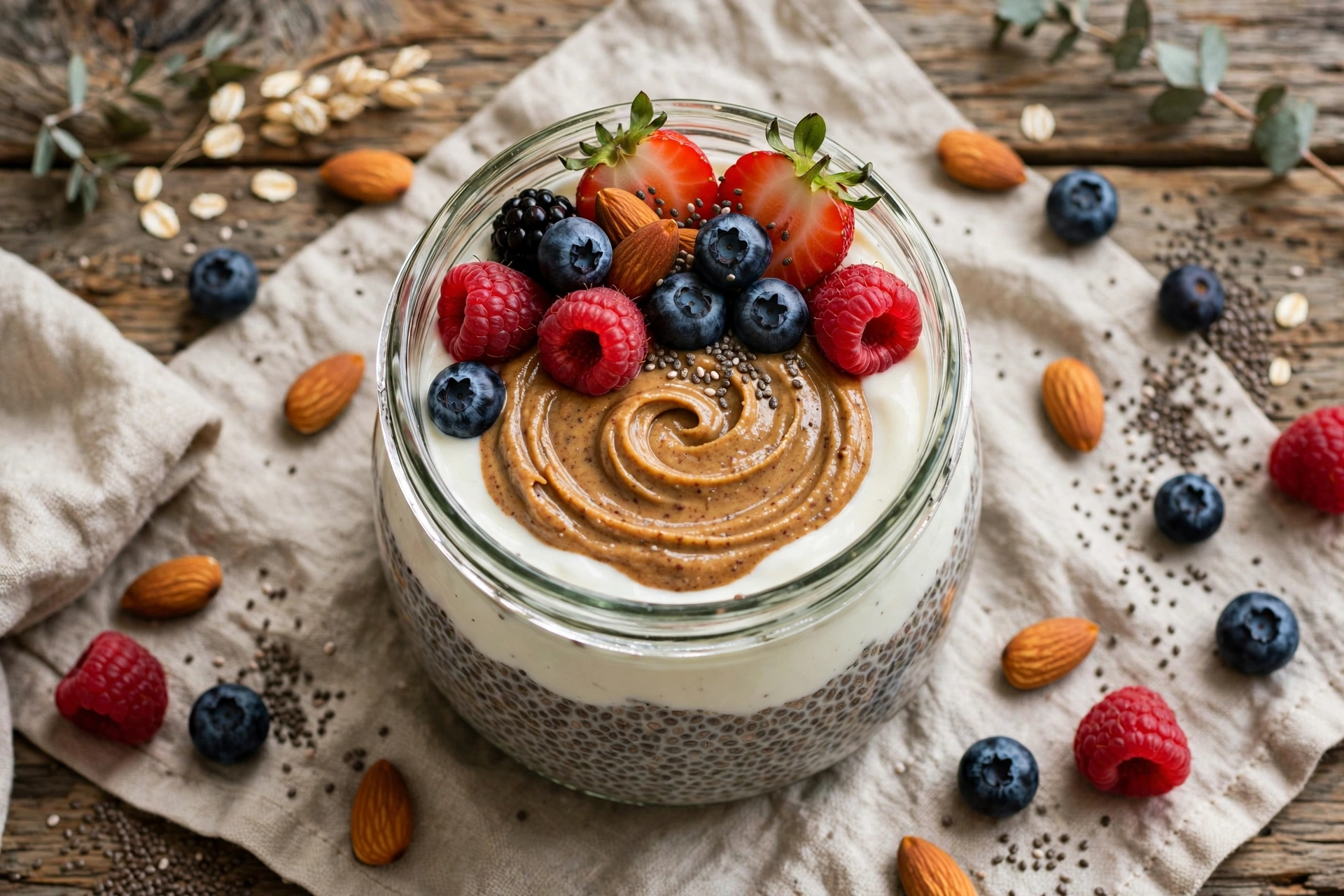 Overnight chia seed pudding with yogurt, almond butter and berries in a jar