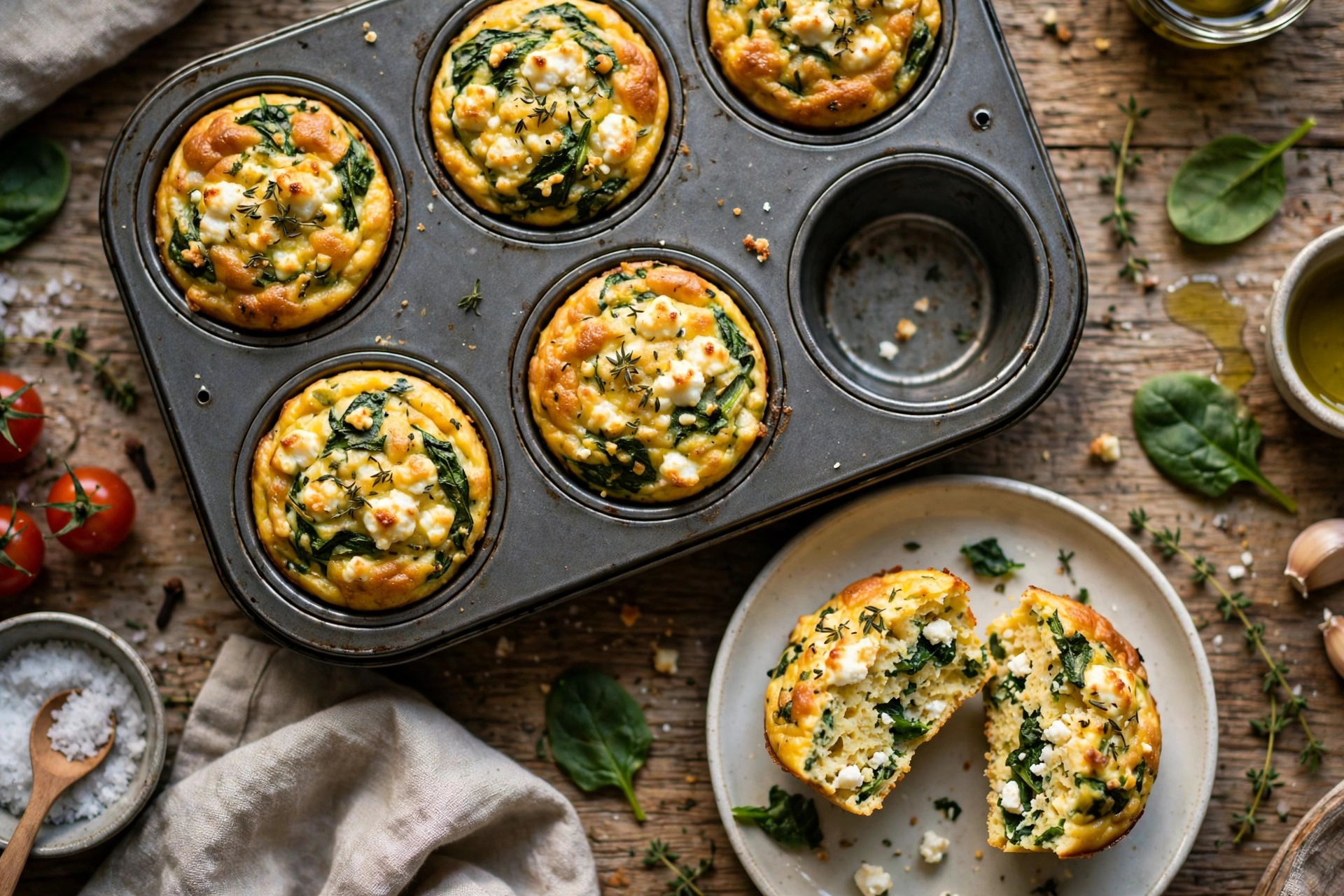 Egg muffin cups with spinach and feta, one cut open on a plate