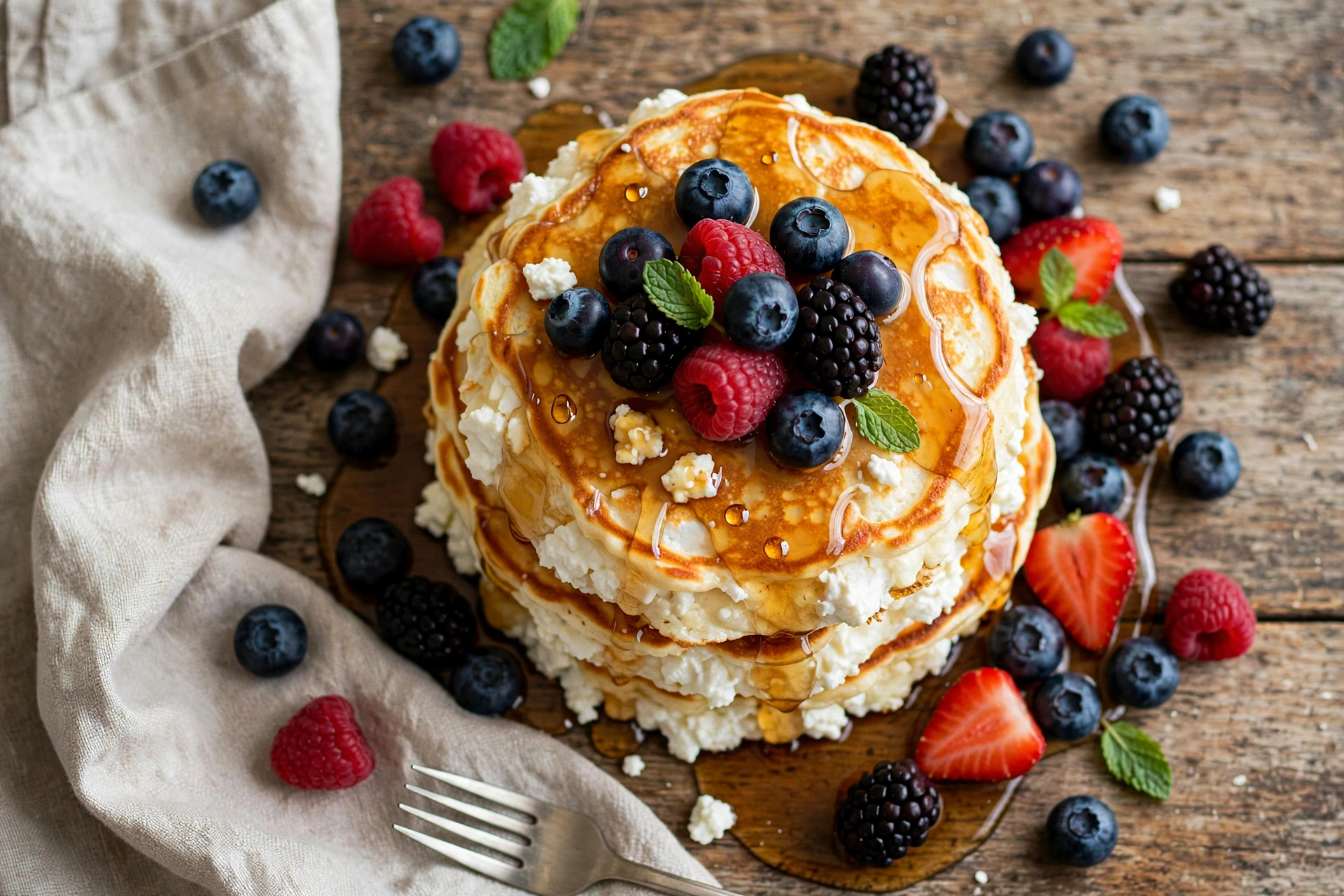 Stack of cottage cheese pancakes with maple syrup and mixed berries