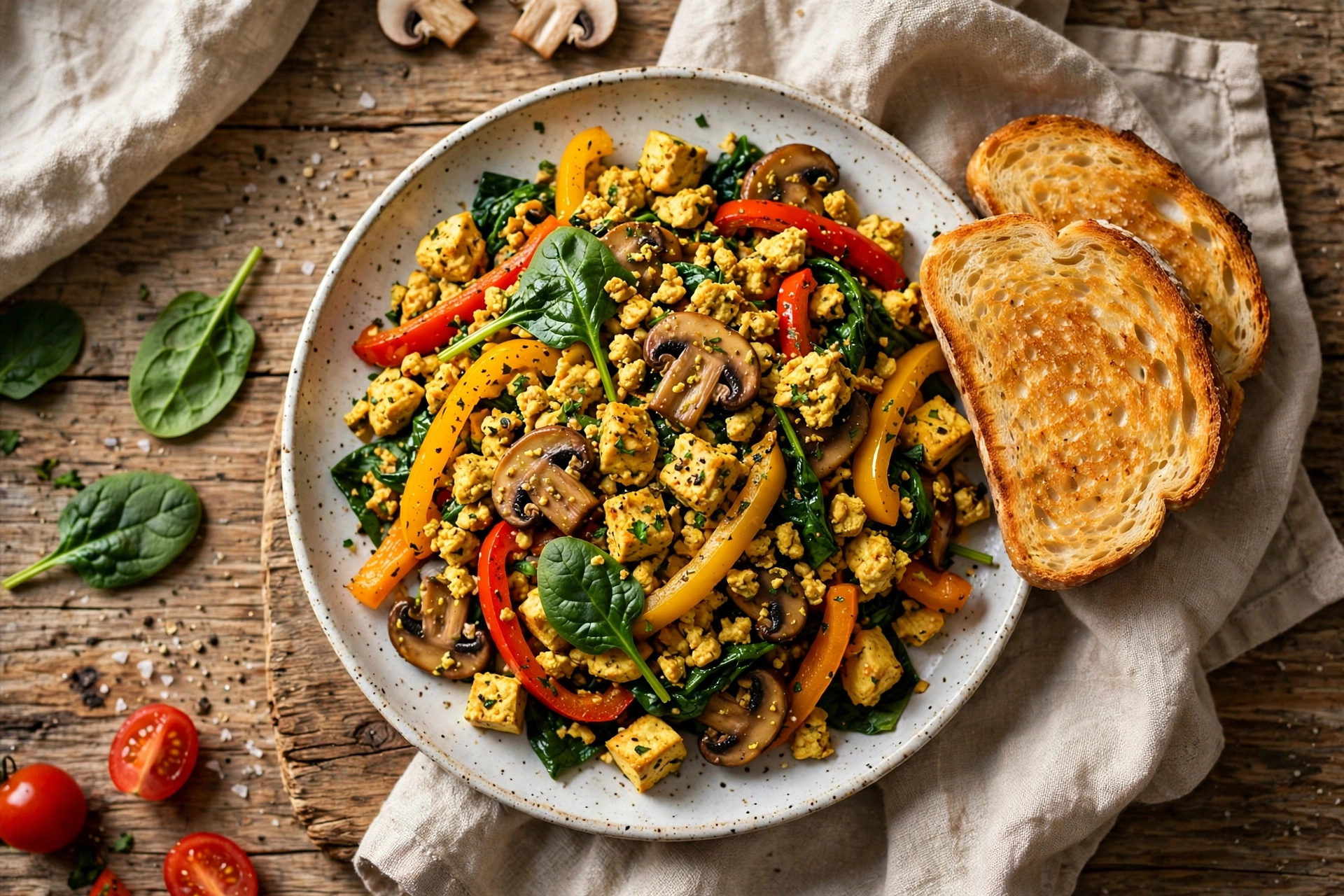Tofu and vegetable scramble with peppers, spinach and mushrooms
