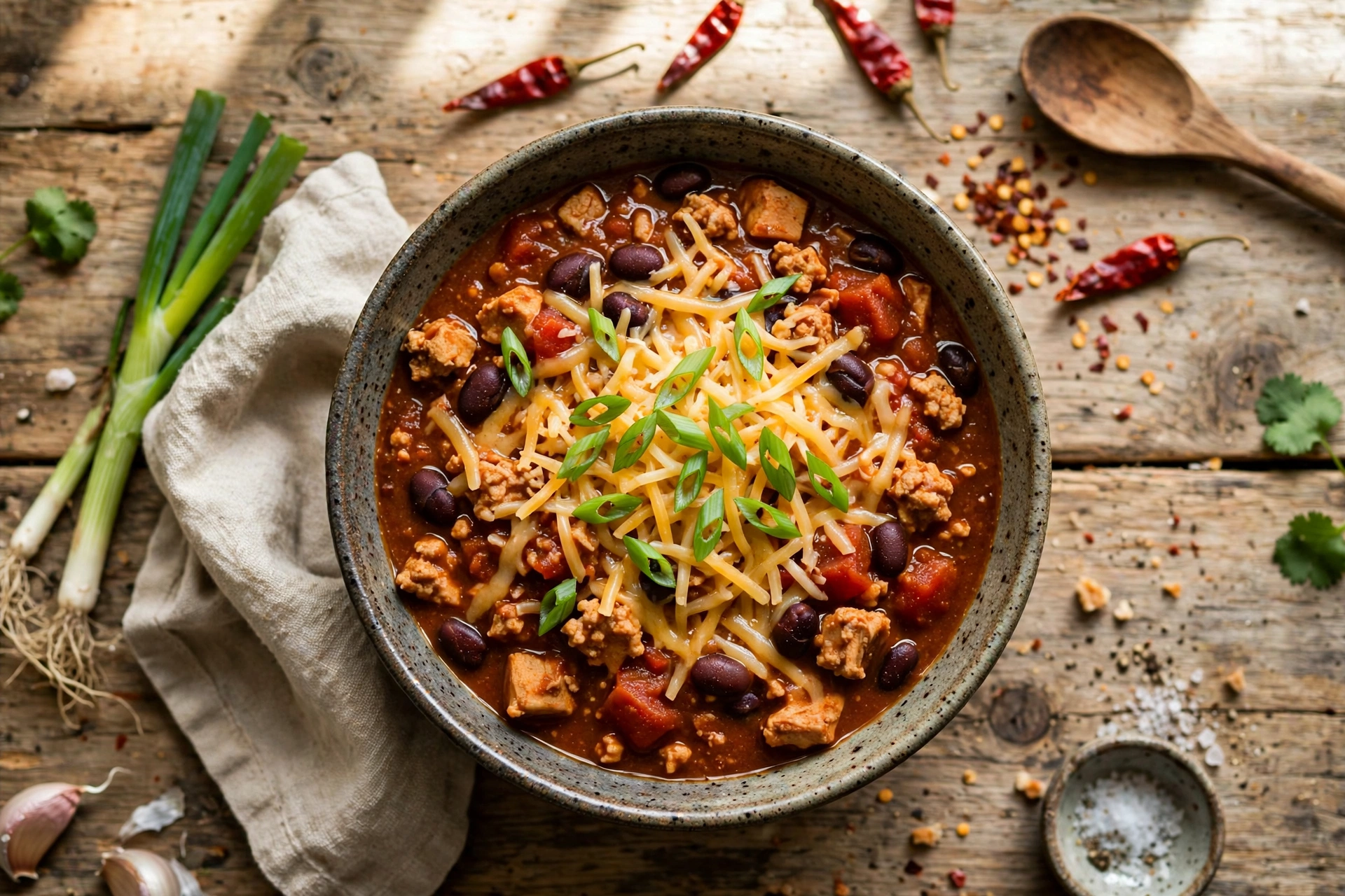 Turkey chili with beans topped with cheese and green onions