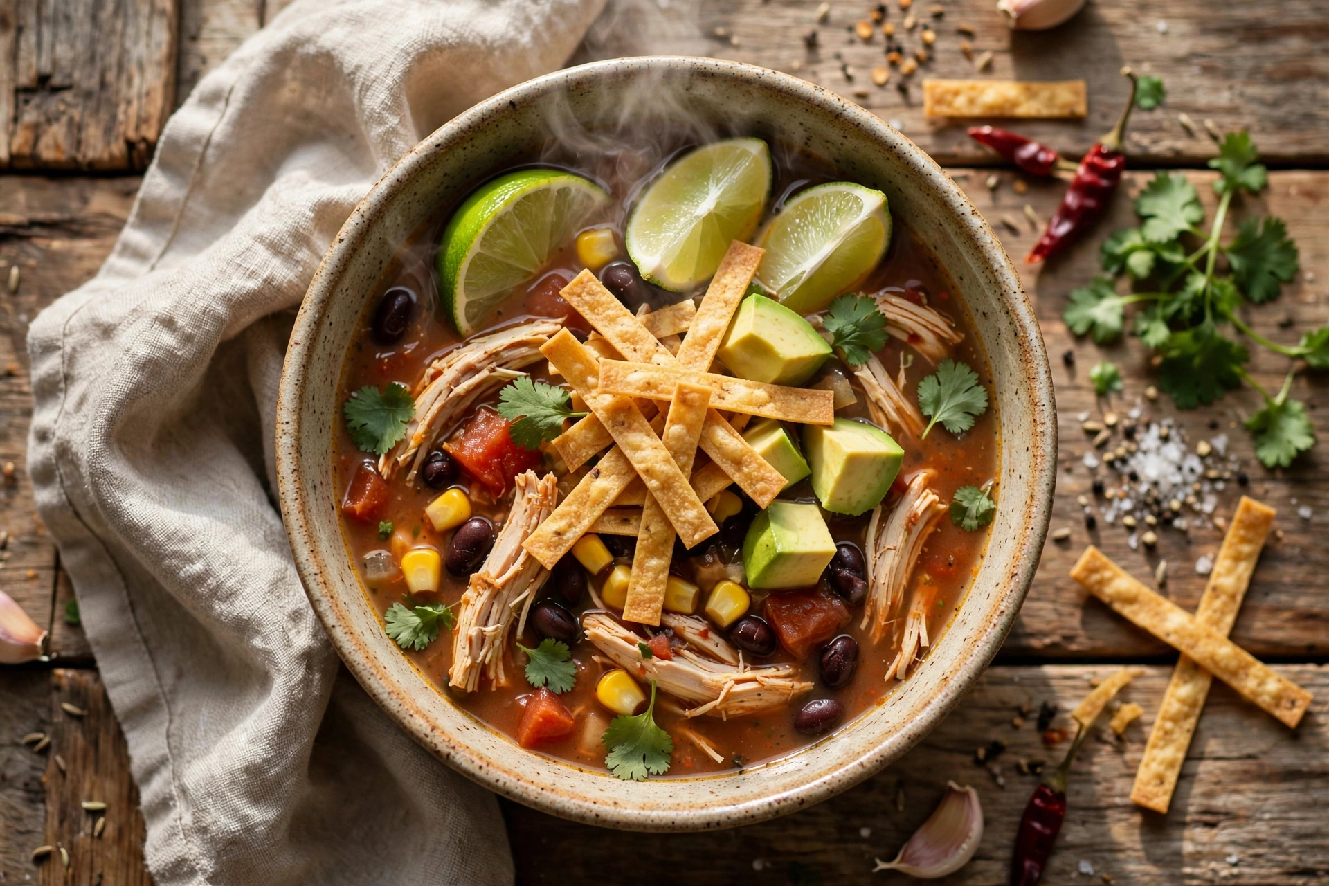 Chicken tortilla soup with crispy tortilla strips, avocado and lime