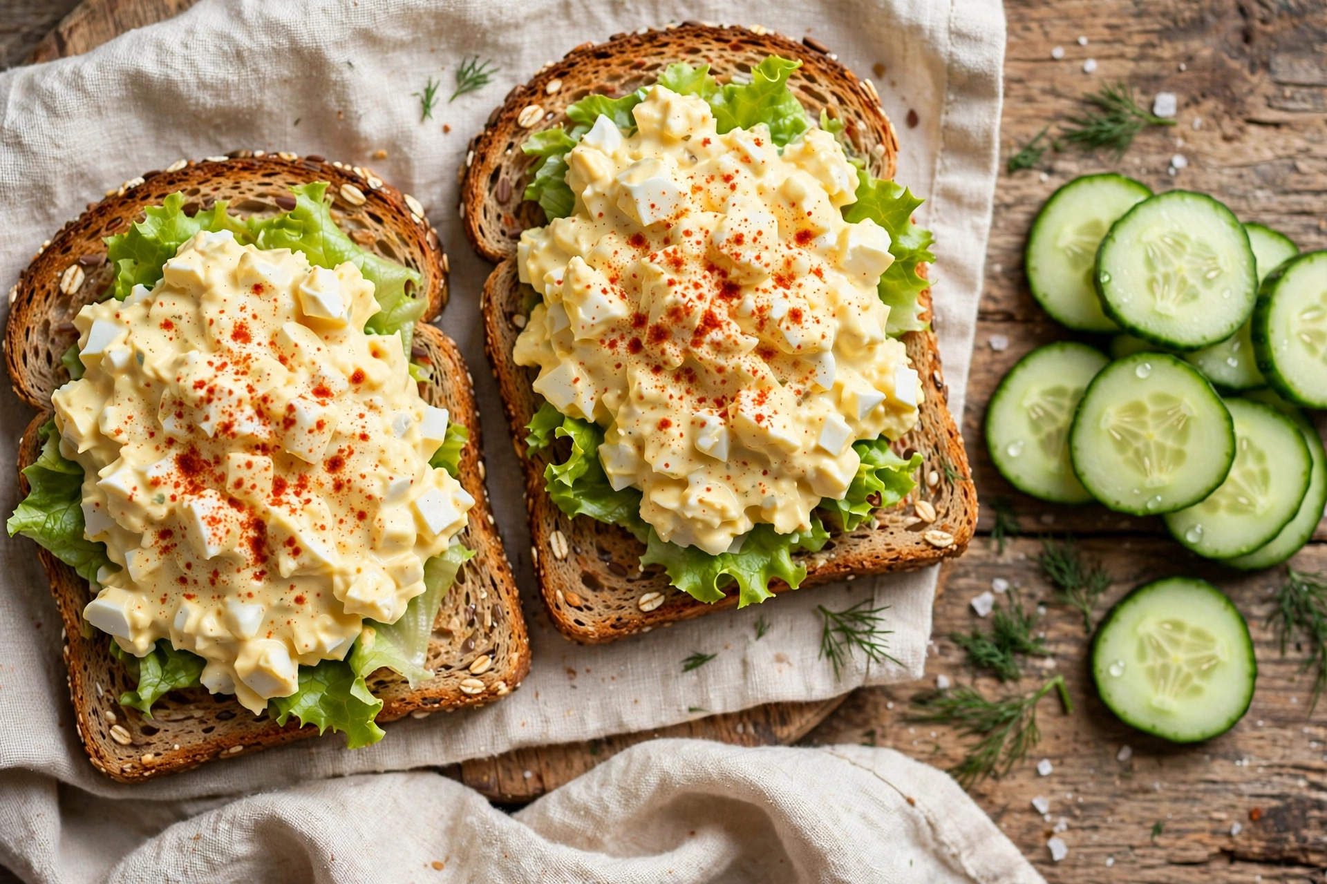 Egg salad on toasted whole grain bread with lettuce and cucumber slices