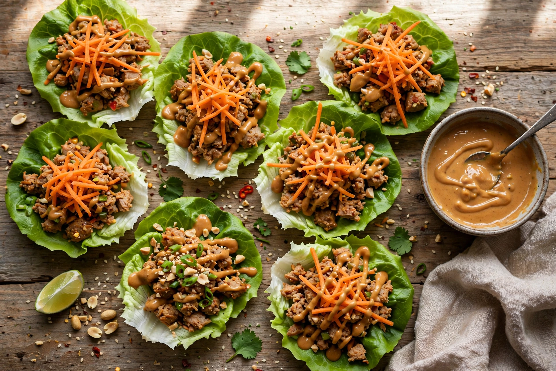 Asian turkey lettuce wraps with carrots and peanut sauce drizzle