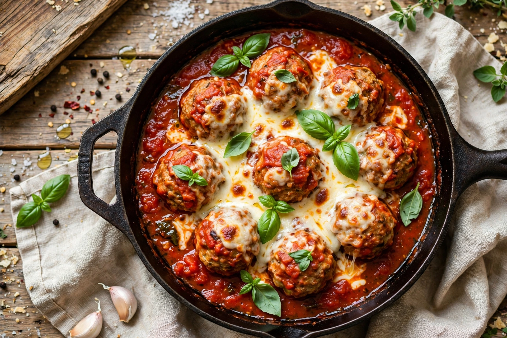 Italian chicken meatballs in marinara with melted mozzarella and basil