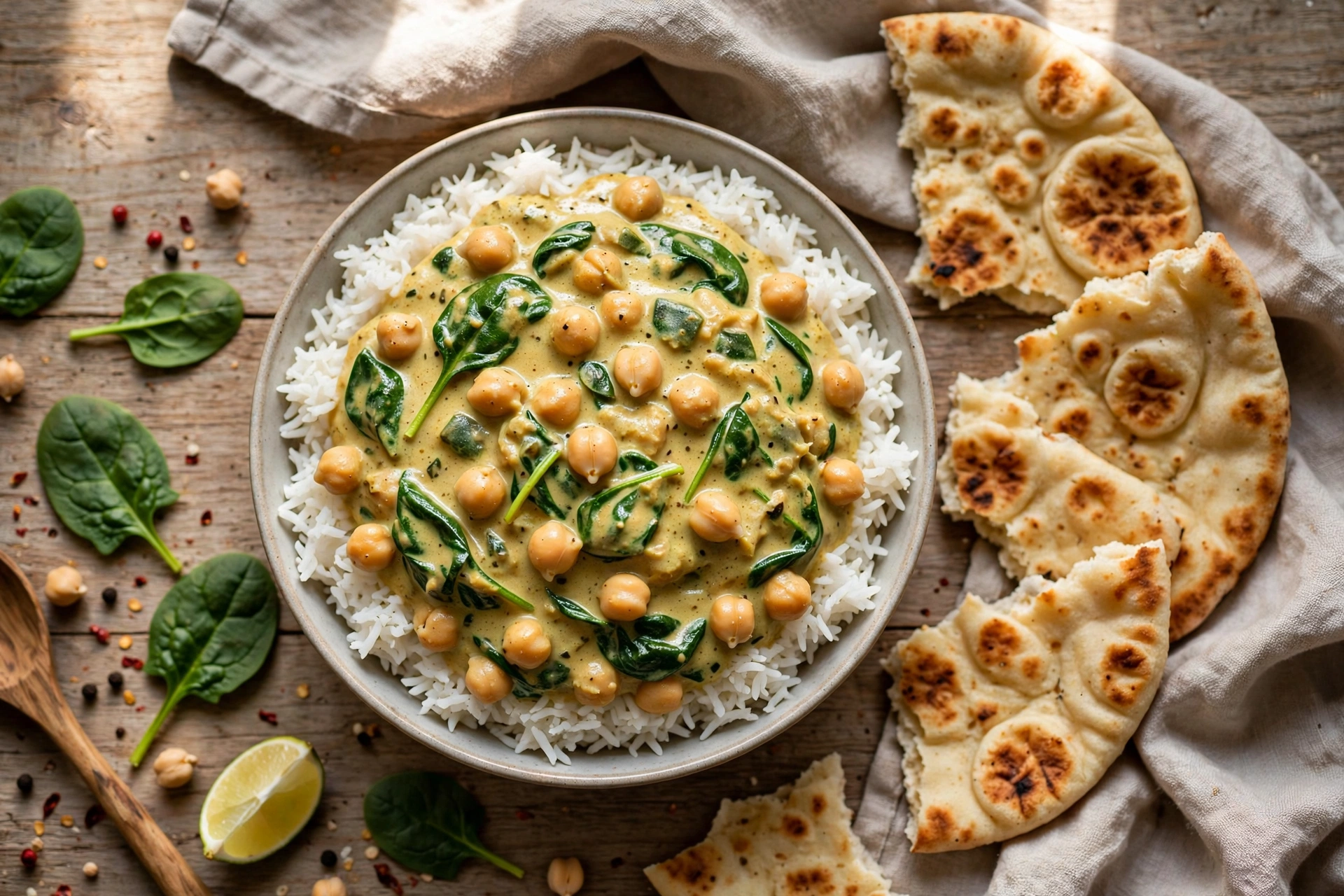 Chickpea and spinach curry over basmati rice with naan bread