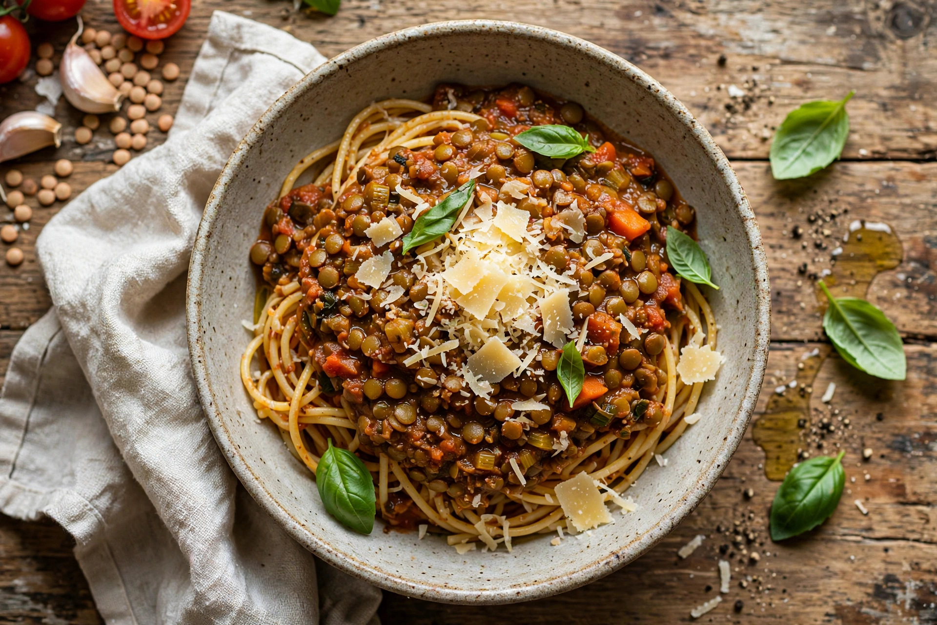 Lentil bolognese over spaghetti with parmesan and basil