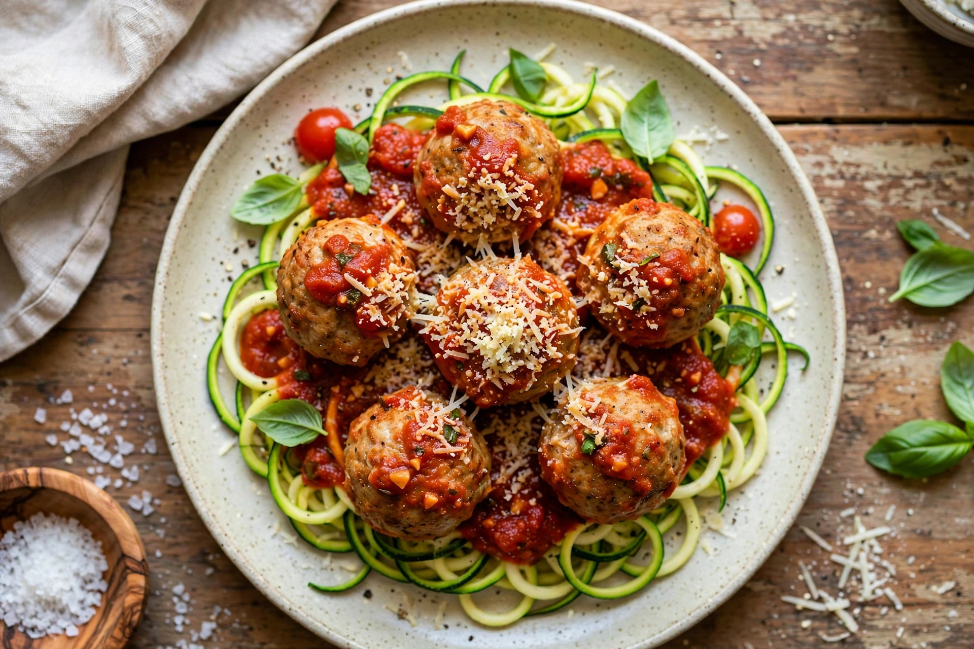 Turkey meatballs over zucchini noodles with marinara and parmesan