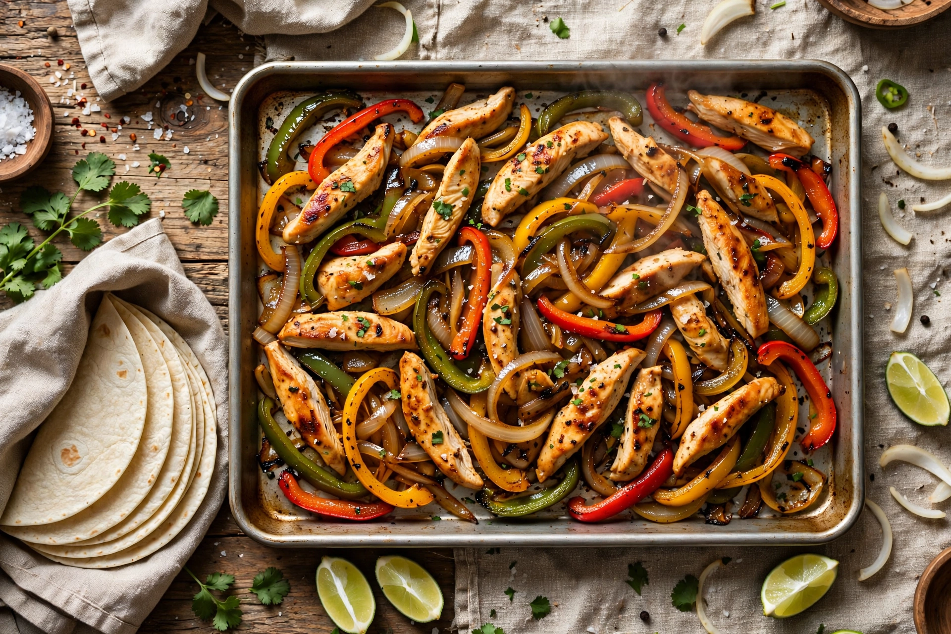 Sheet pan chicken fajitas with peppers, onions, tortillas and lime