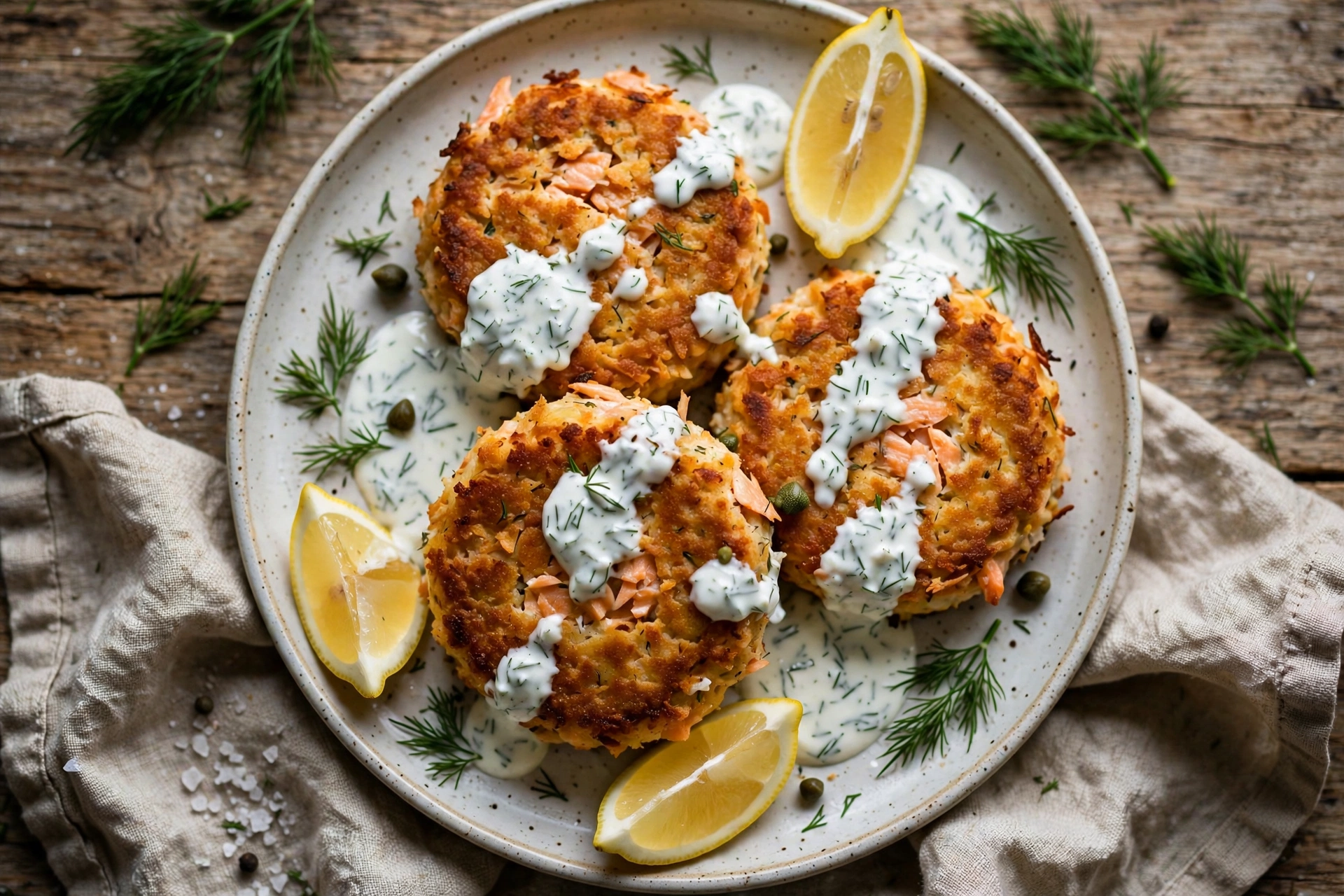 Golden salmon cakes with yogurt dill sauce and lemon wedges