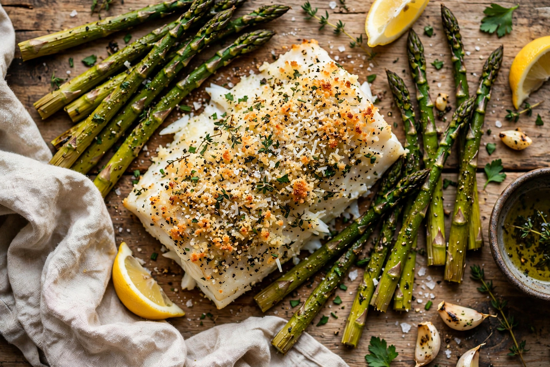 Baked cod with parmesan herb crust and roasted asparagus