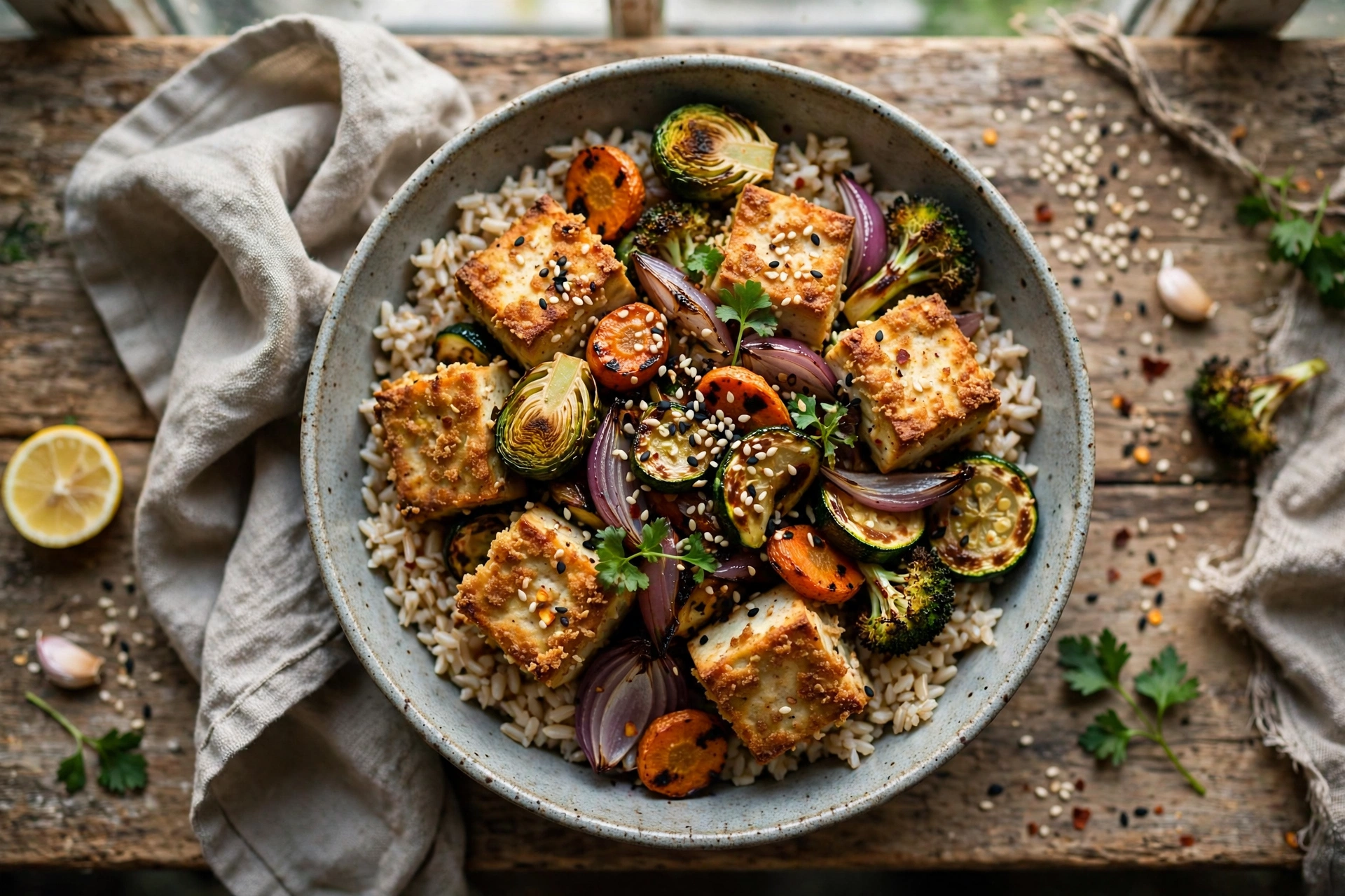 Crispy baked tofu and roasted vegetable bowl over brown rice