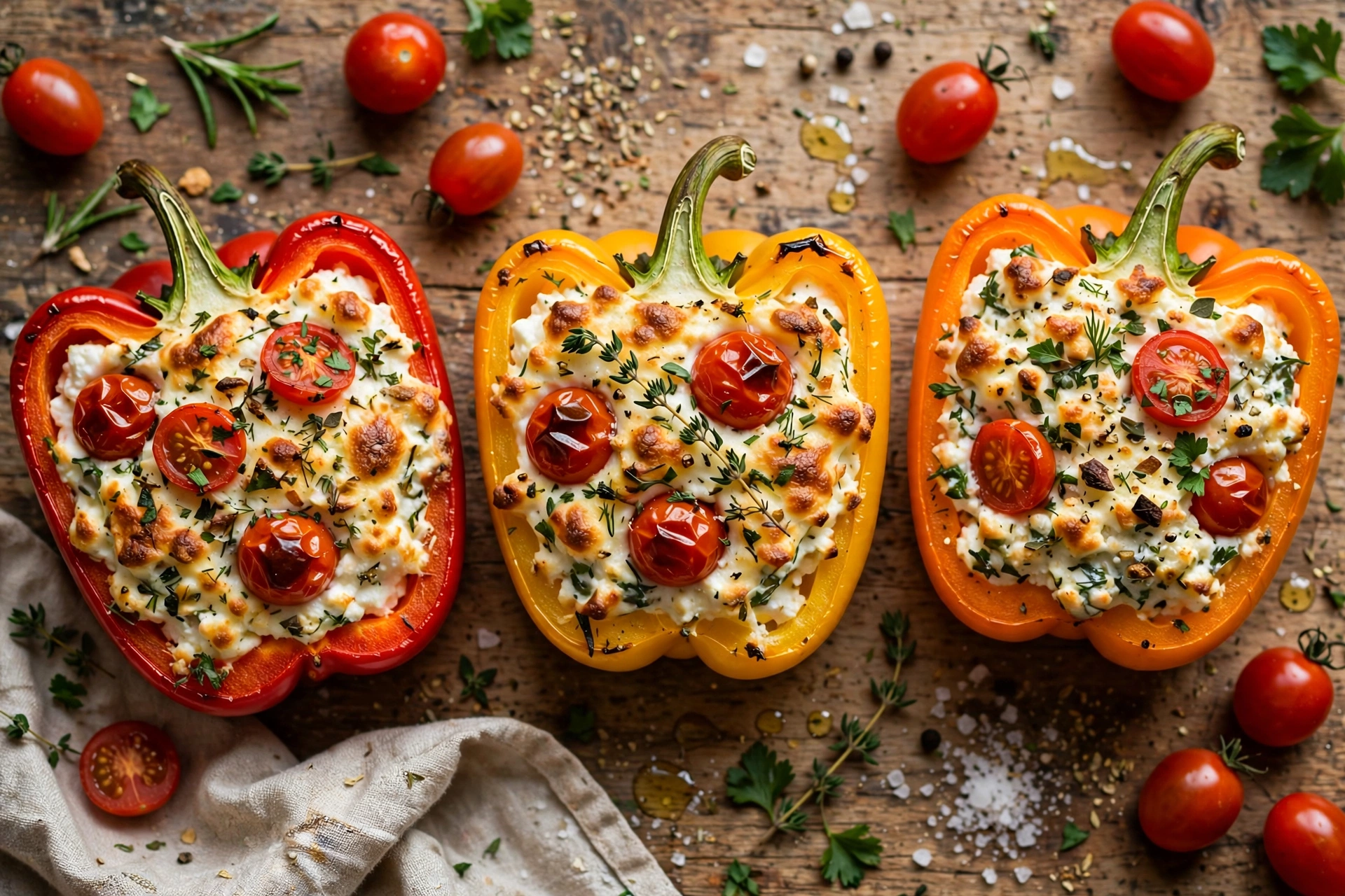 Stuffed bell peppers with savory cottage cheese, herbs and tomatoes