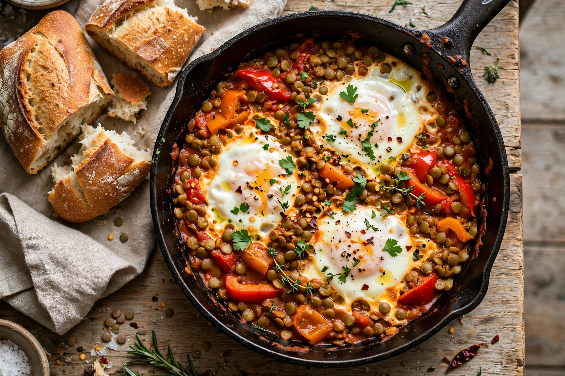 Lentil shakshuka with poached eggs in a skillet with crusty bread