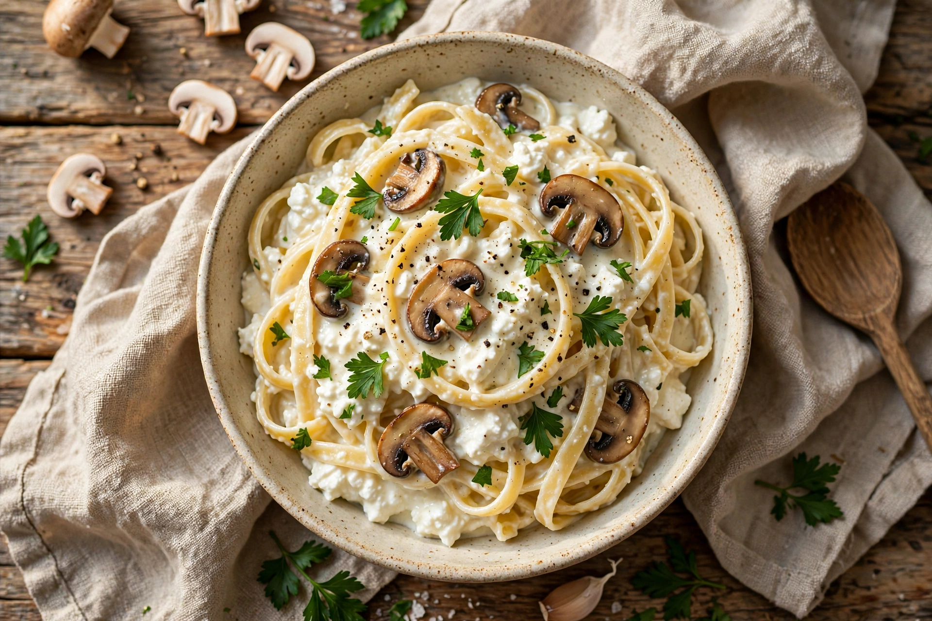 Cottage cheese alfredo pasta with mushrooms and parsley
