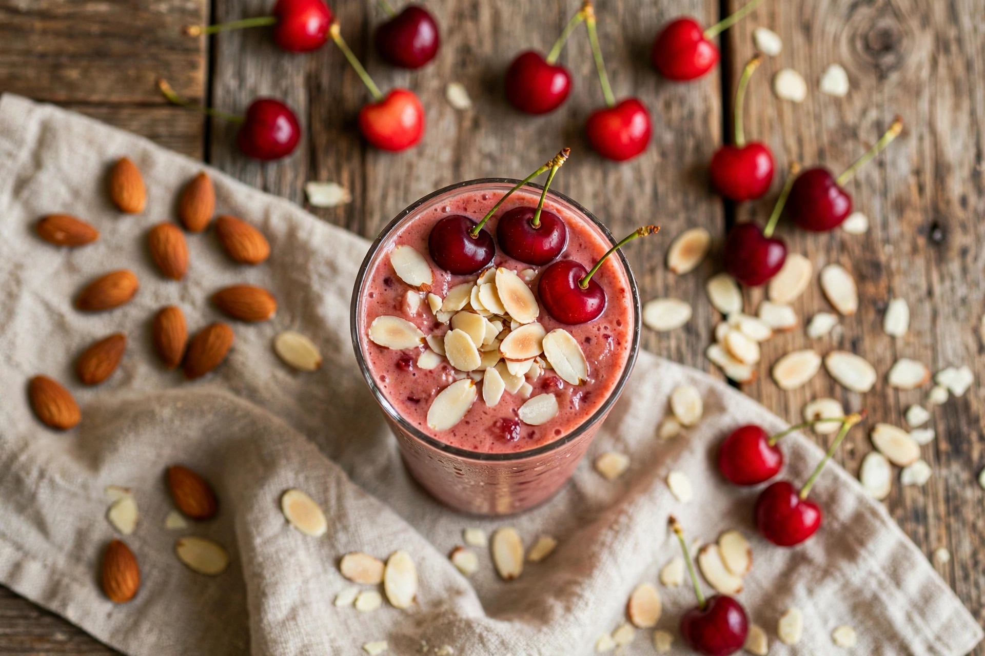 Cherry almond smoothie in a tall glass with almonds and cherries