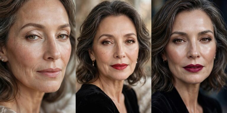 Holiday makeup looks for women over 50, glitter-free glow looks collage