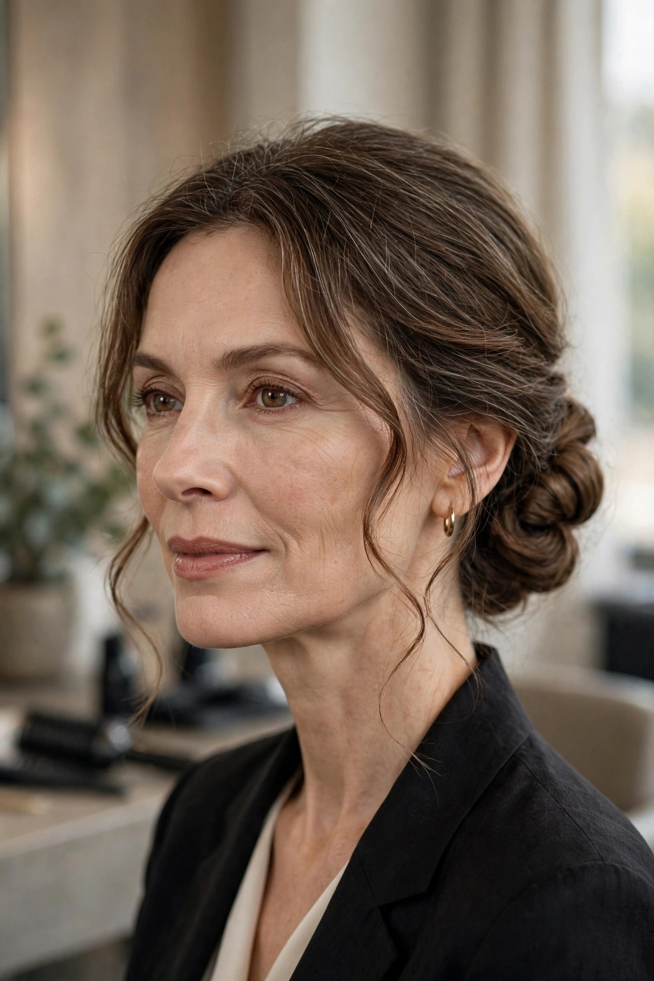 Woman over 50 with low twisted chignon at the nape and soft face-framing tendrils