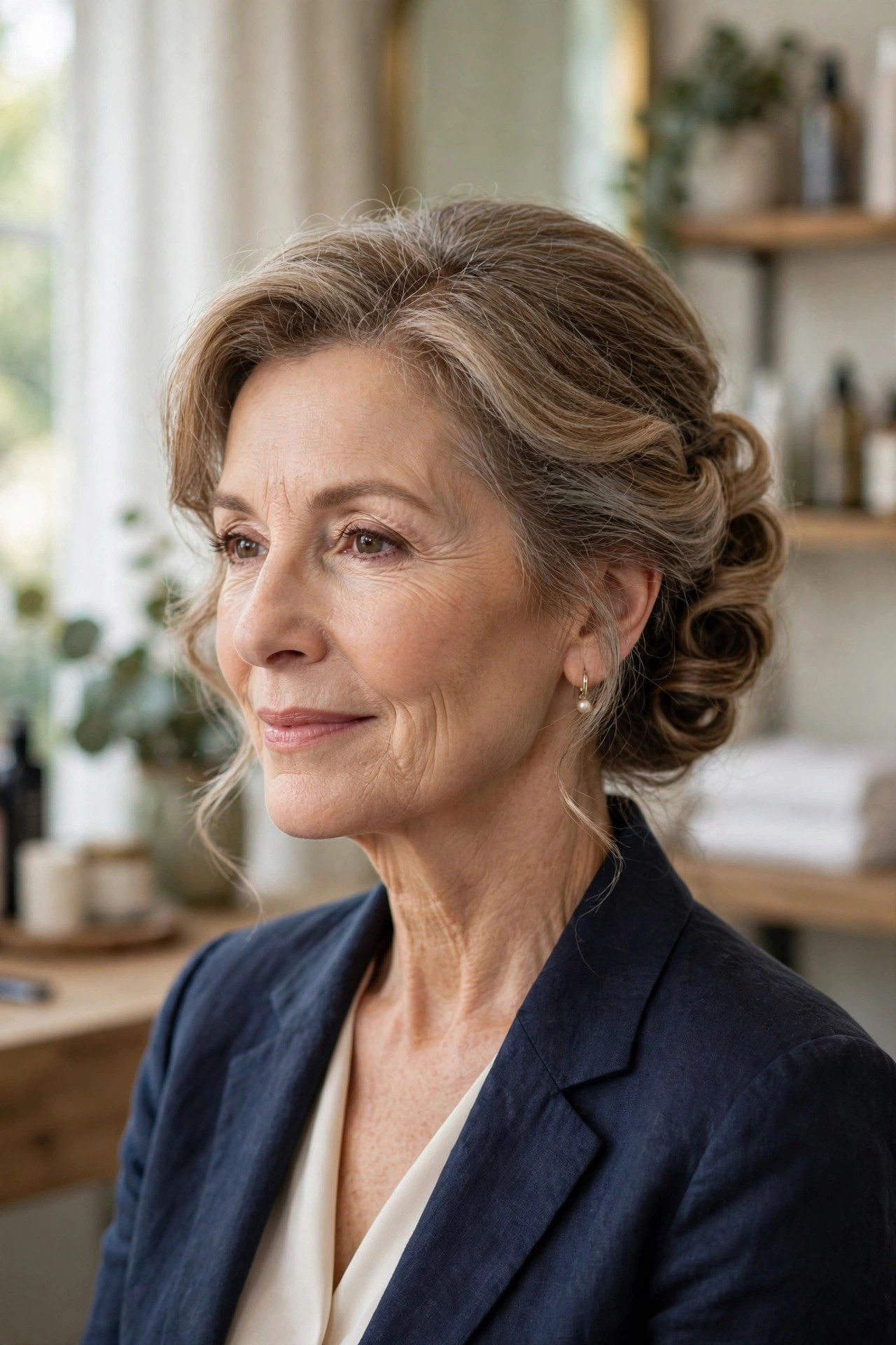 Woman over 50 with soft French twist updo, loosely rolled with touchable volume
