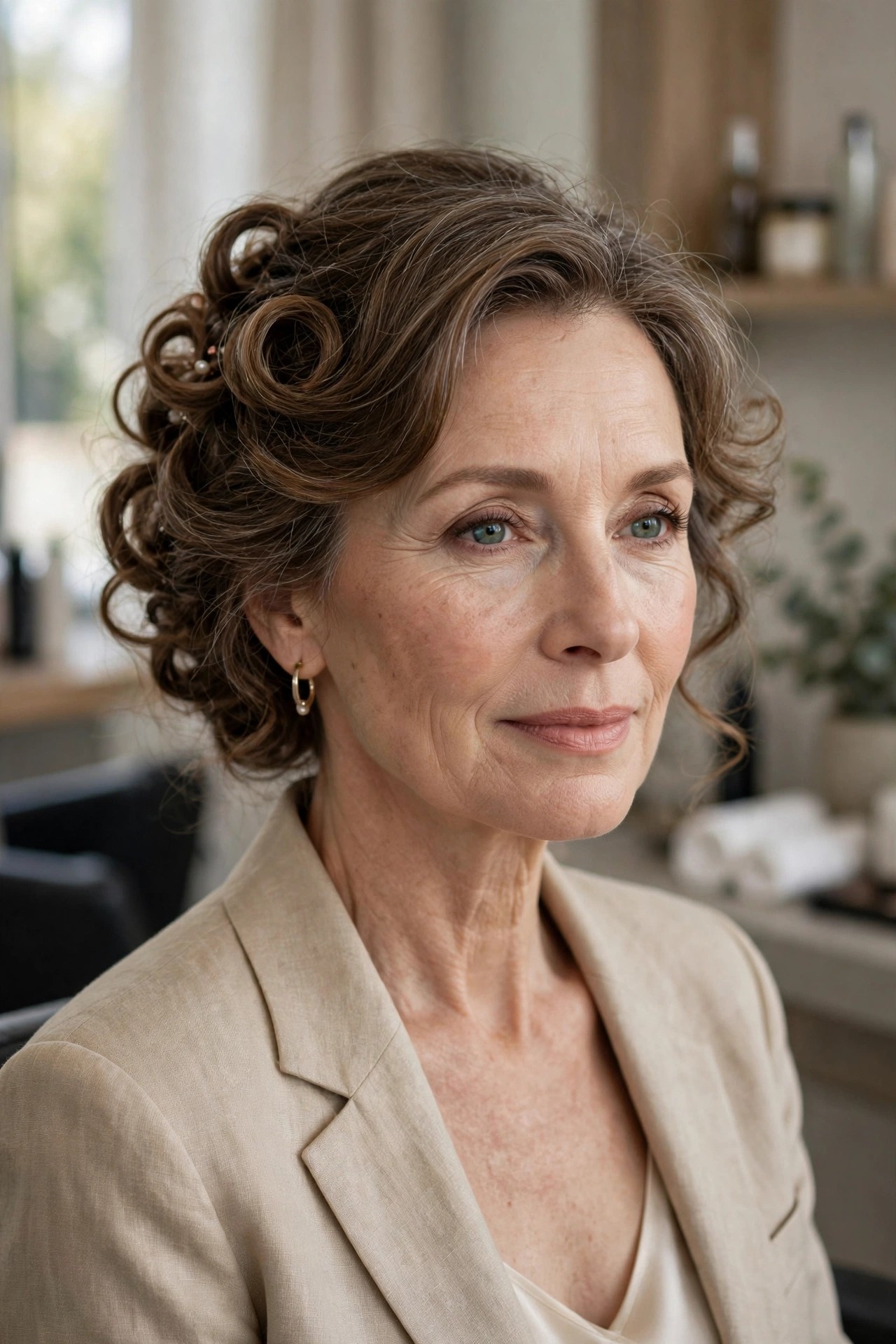 Woman over 50 with soft curls pinned up loosely at the back, romantic updo