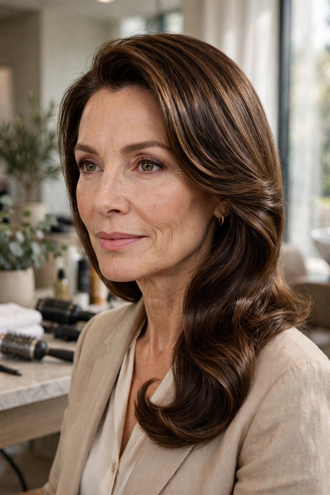 Woman over 50 with smooth blowout hairstyle, soft bend through the ends
