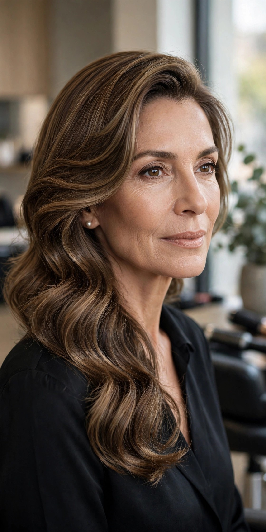 Woman over 50 with deep side part and soft brushed-out waves