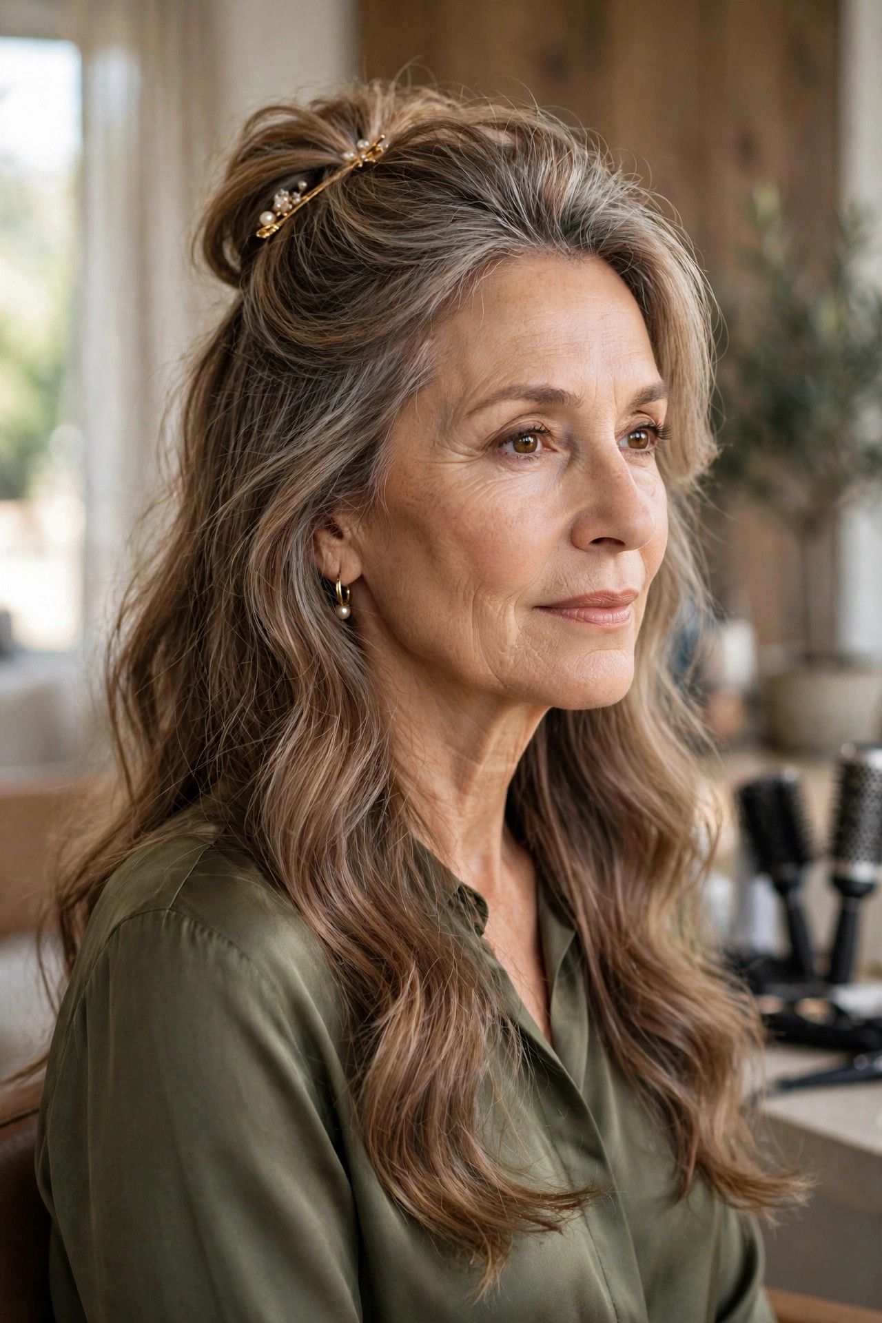 Woman over 50 with half-up hairstyle, volume at the crown, hair flowing down