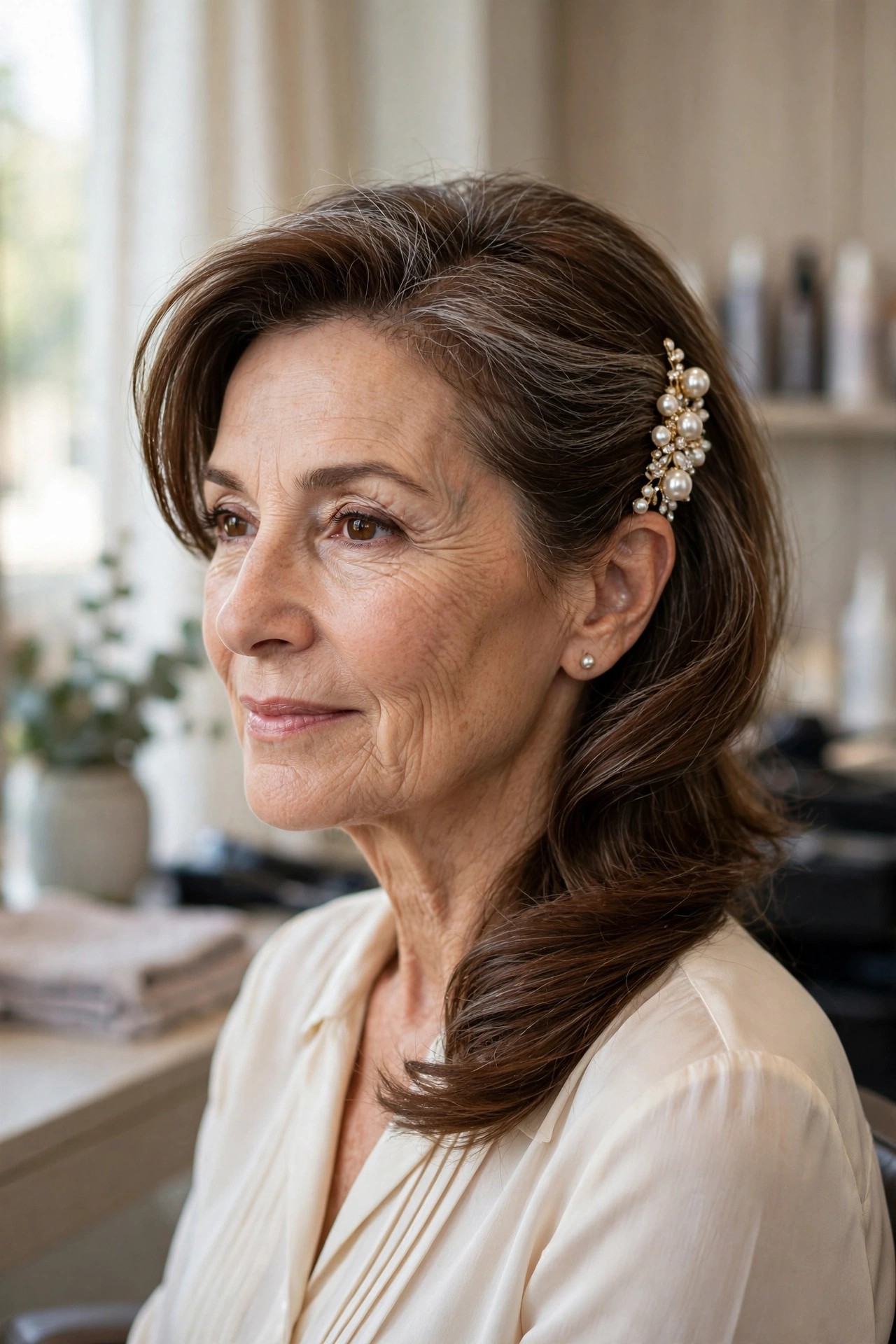 Woman over 50 with hair swept aside held by a jeweled pearl hairpin