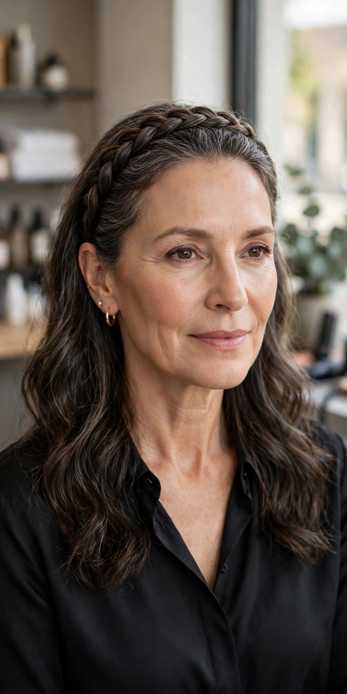 Woman over 50 with braid worn across the crown like a headband