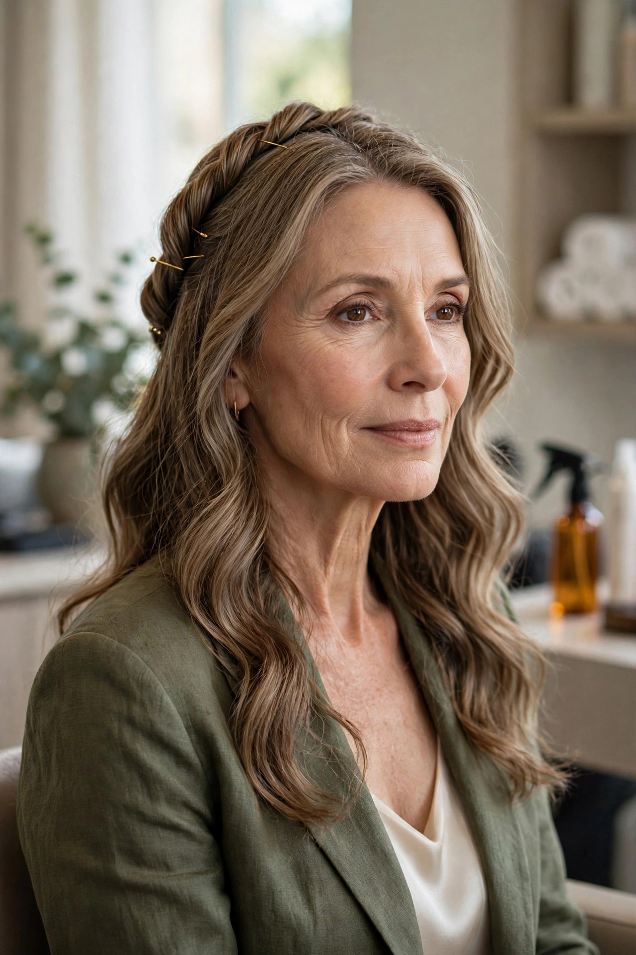 Woman over 50 with twisted sections pinned at the back, twisted crown style