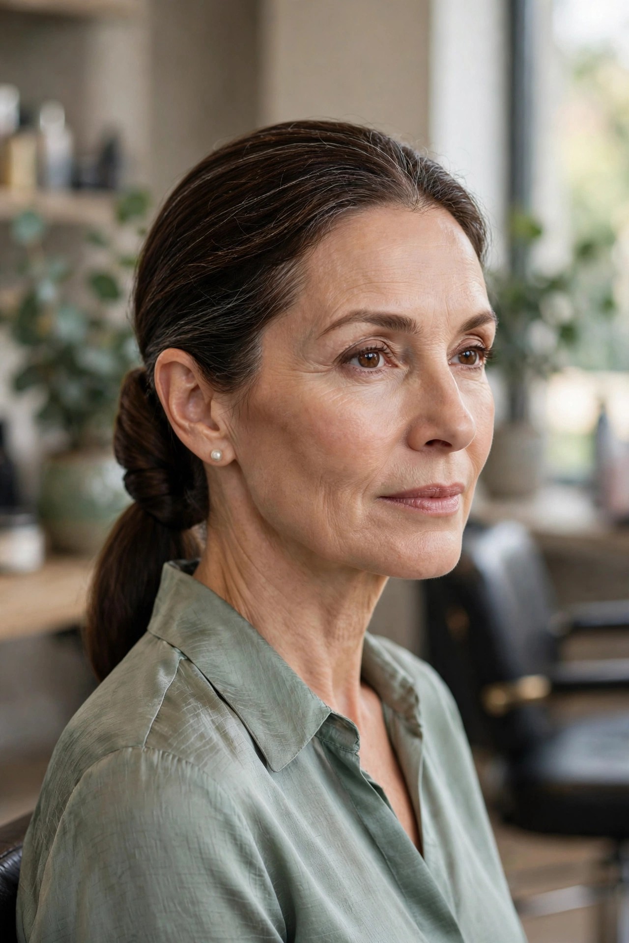 Woman over 50 with sleek low ponytail, hair wrapped around the base