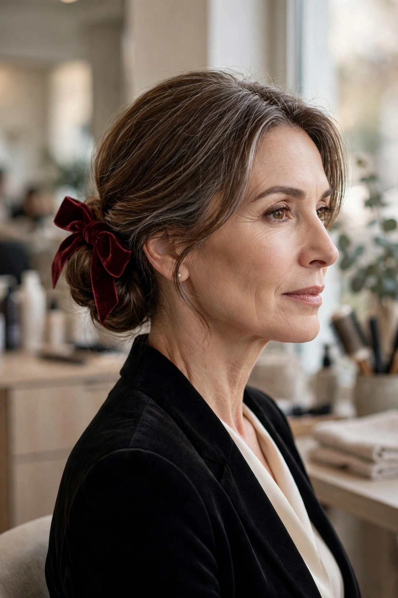 Woman over 50 with low bun tied with a burgundy velvet ribbon bow
