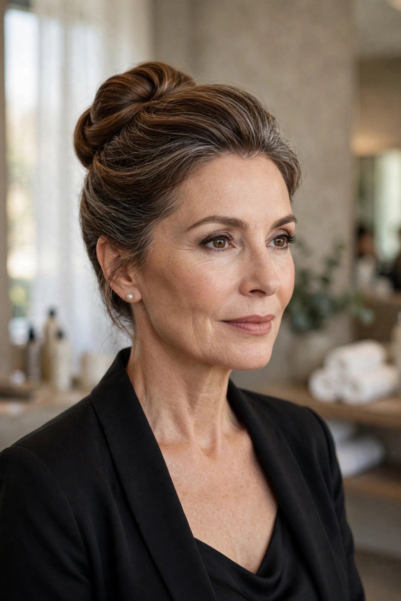 Woman over 50 with polished soft topknot at the crown