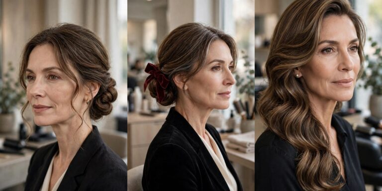 Holiday party hairstyles for women over 50, festive easy looks collage