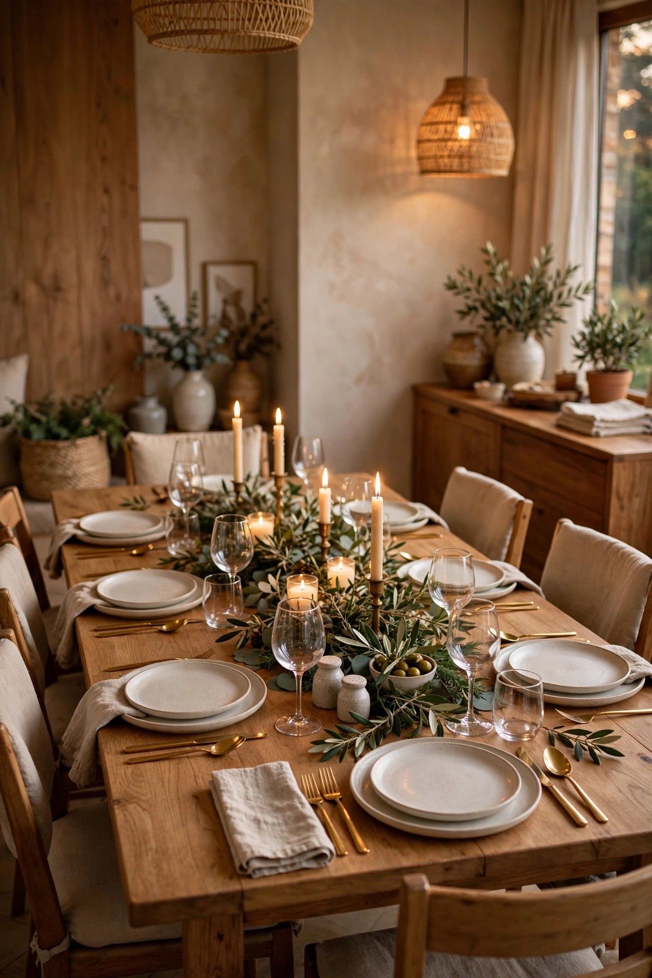 Warmly lit dining table set for six with candles and greenery
