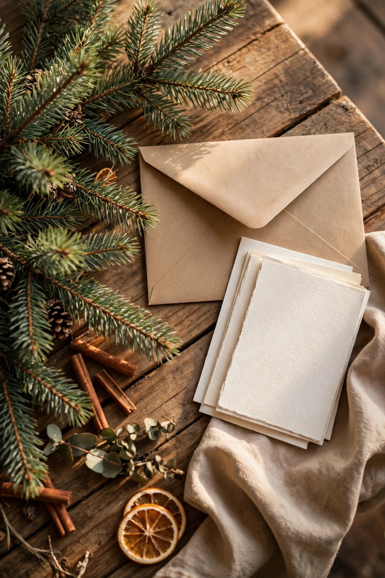 Holiday invitation stationery with pine sprigs on a wooden table