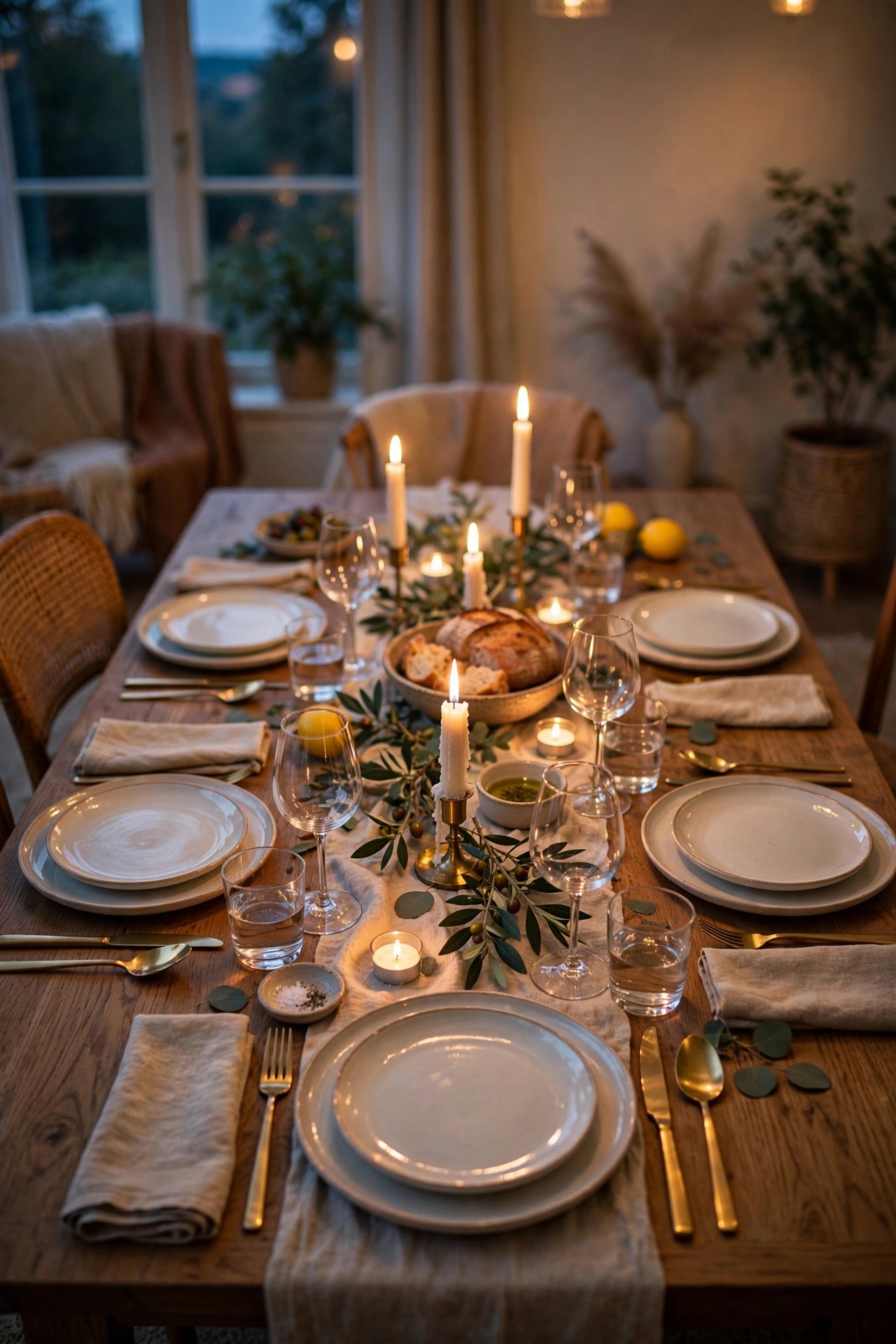 Dining table set the night before with plates and glowing candles